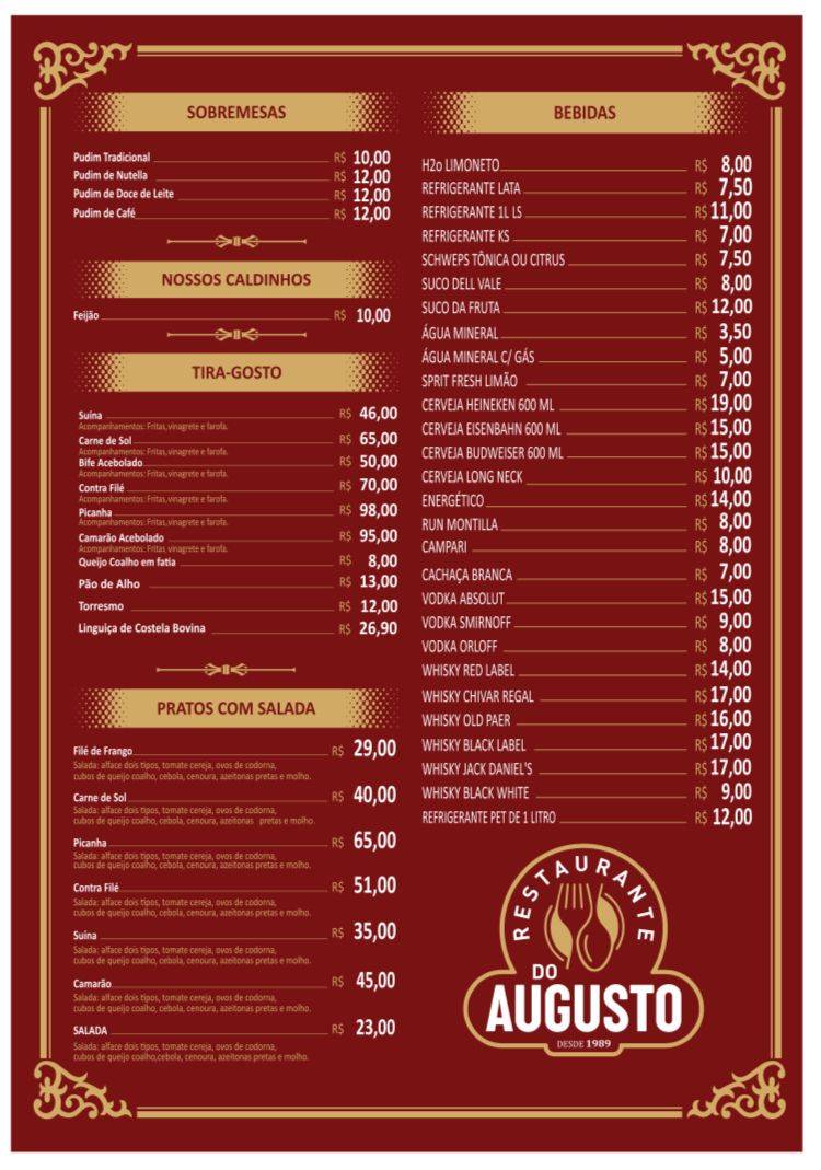 Restaurante do Augusto em Poço - Maceió cardápio