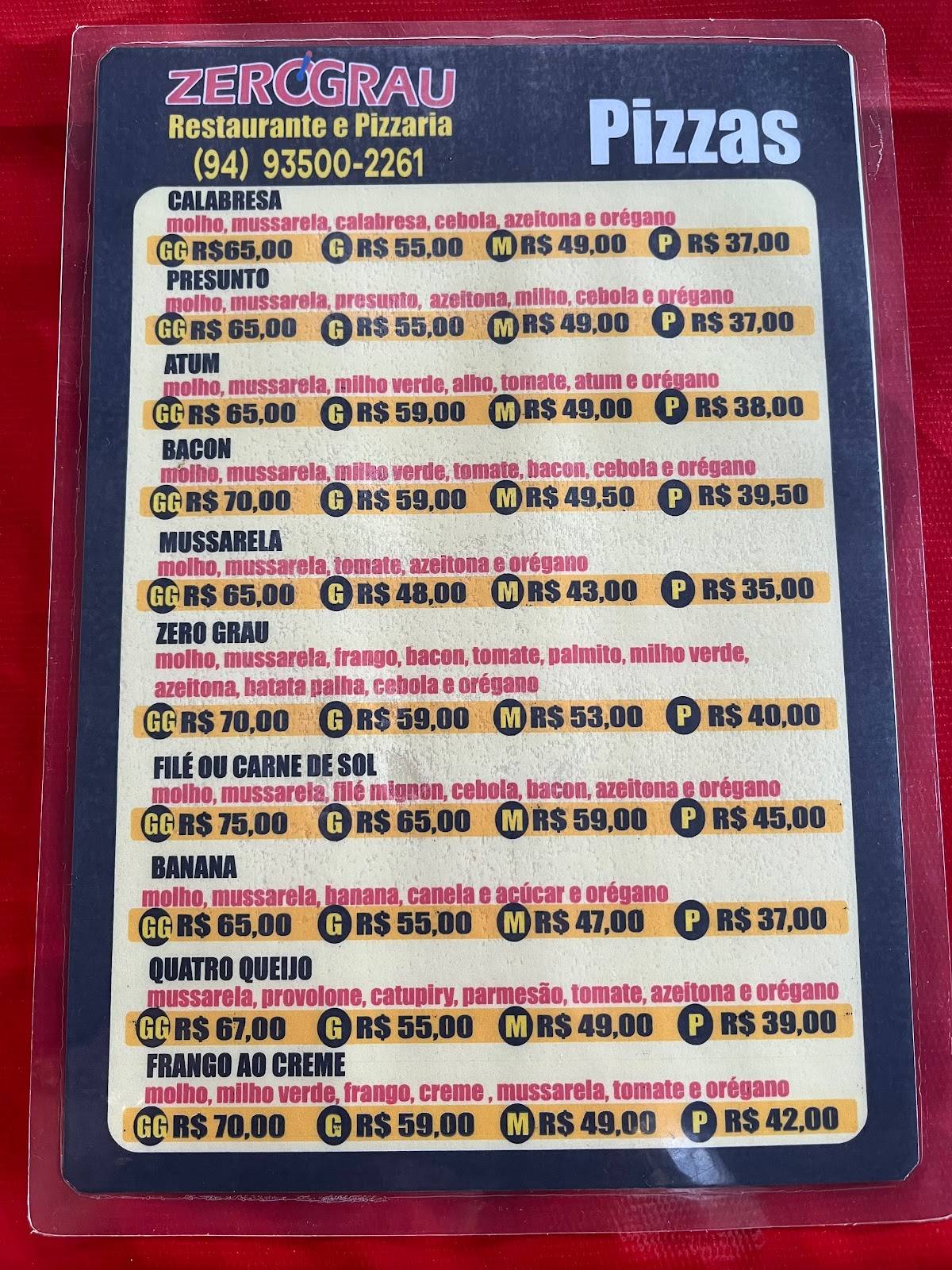 Restaurante e Pizzaria Zero Grau cardápio