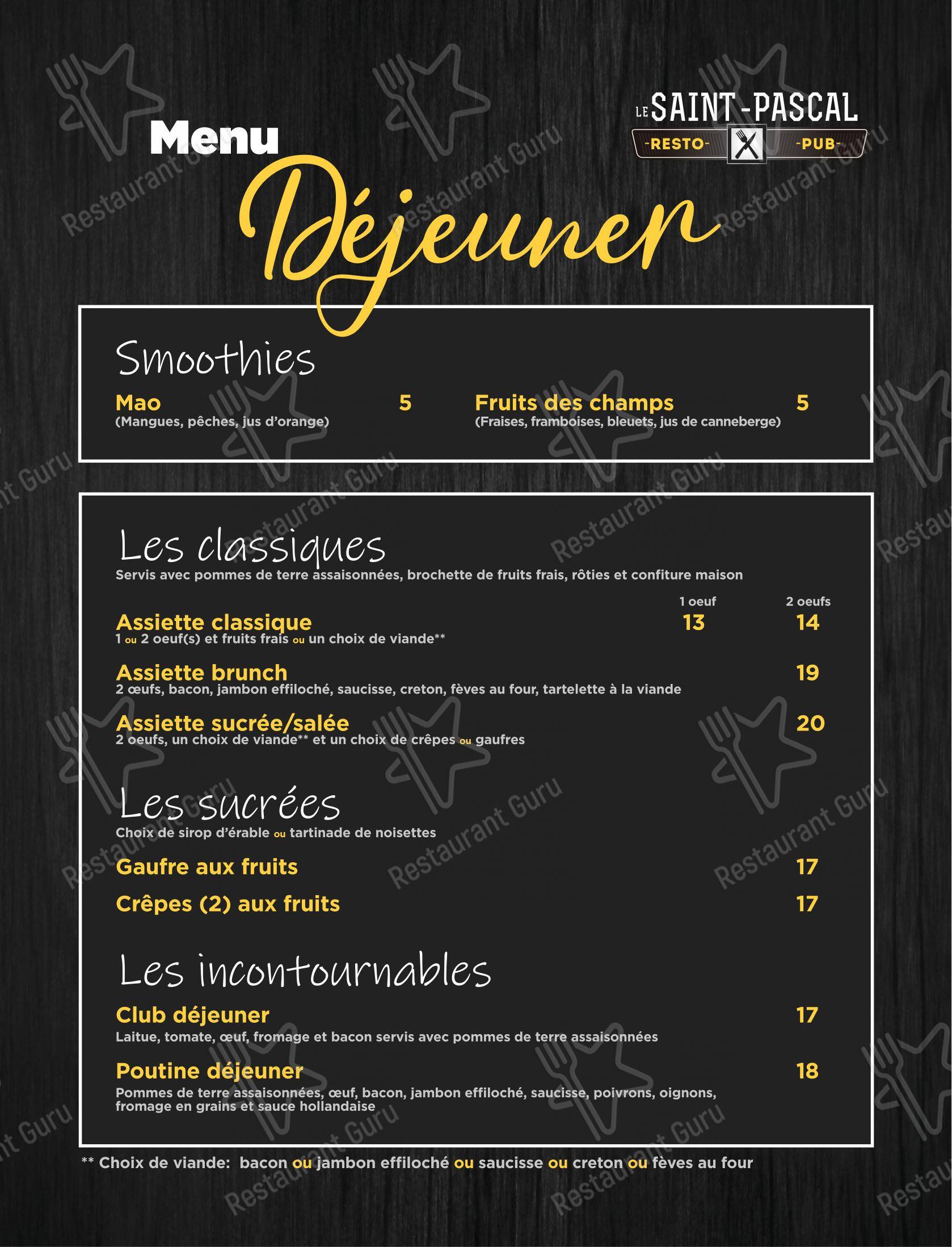 菜单 pour Resto-Pub Le Saint-Pascal dans Saint-Pascal