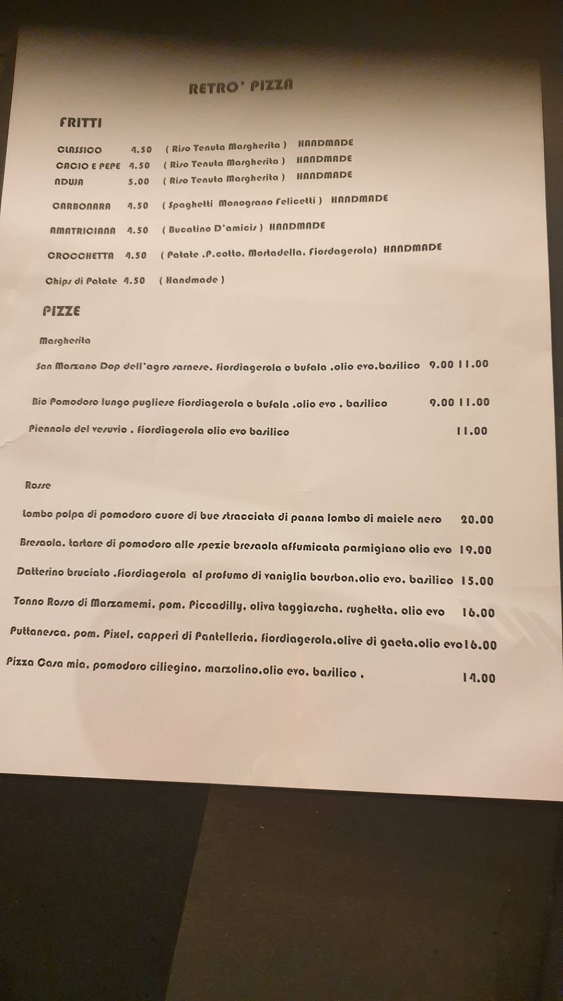 Menu di Retrò Pizza 