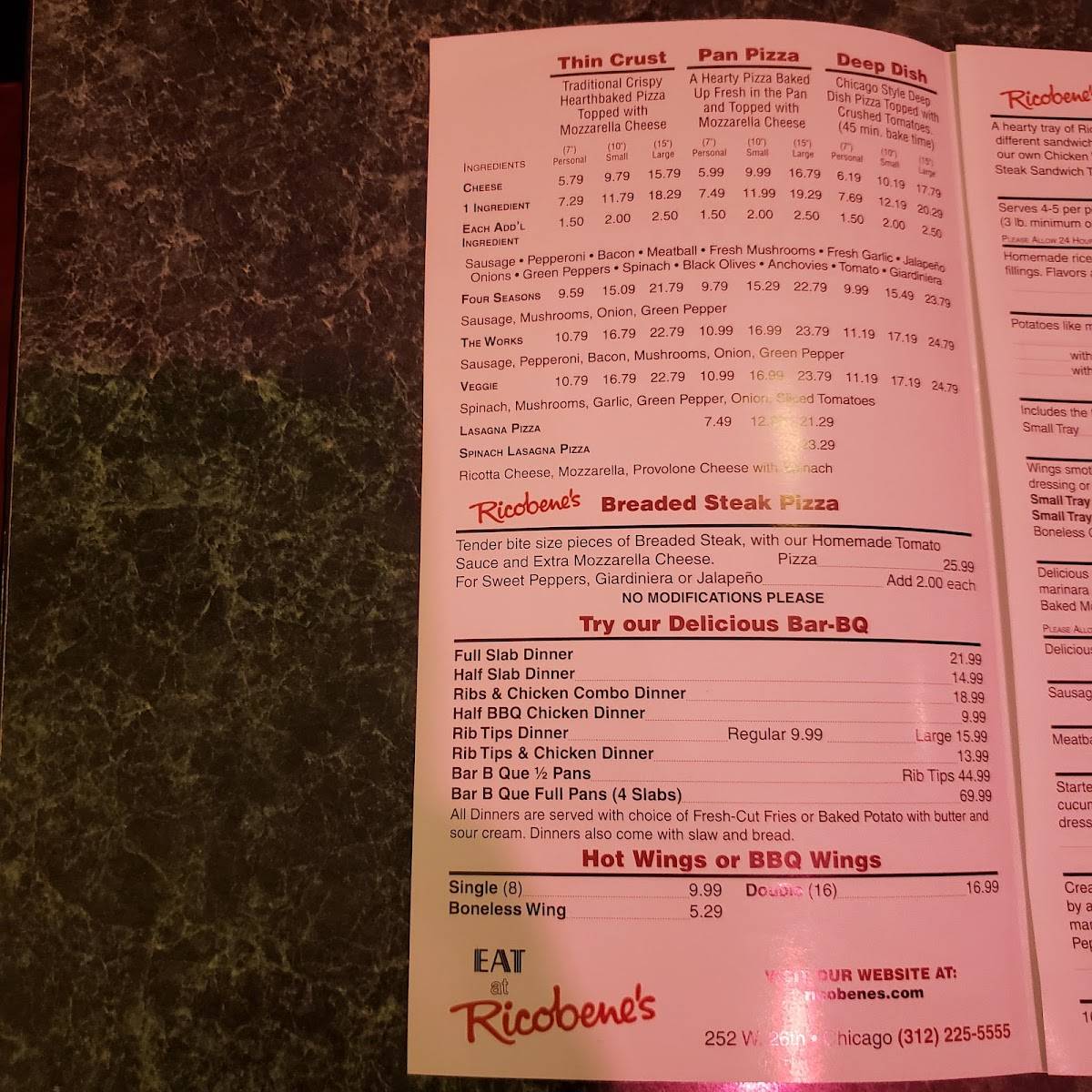 Menu at Ricobene's pizzeria, Chicago, 252 W 26th St