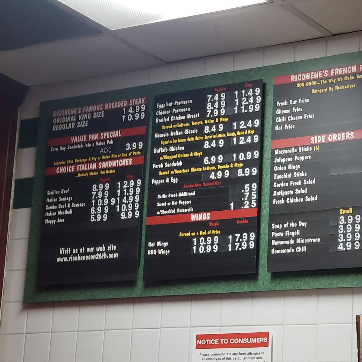 Menu at Ricobene's pizzeria, Chicago, 252 W 26th St