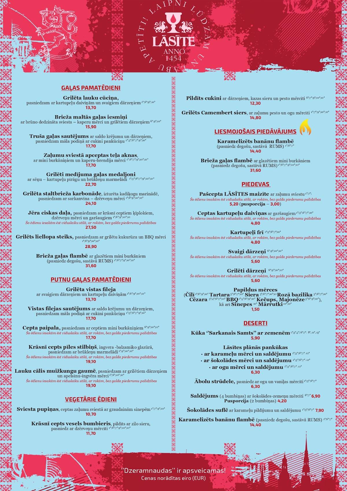 Viduslaiku restorāns LĀSĪTE menu