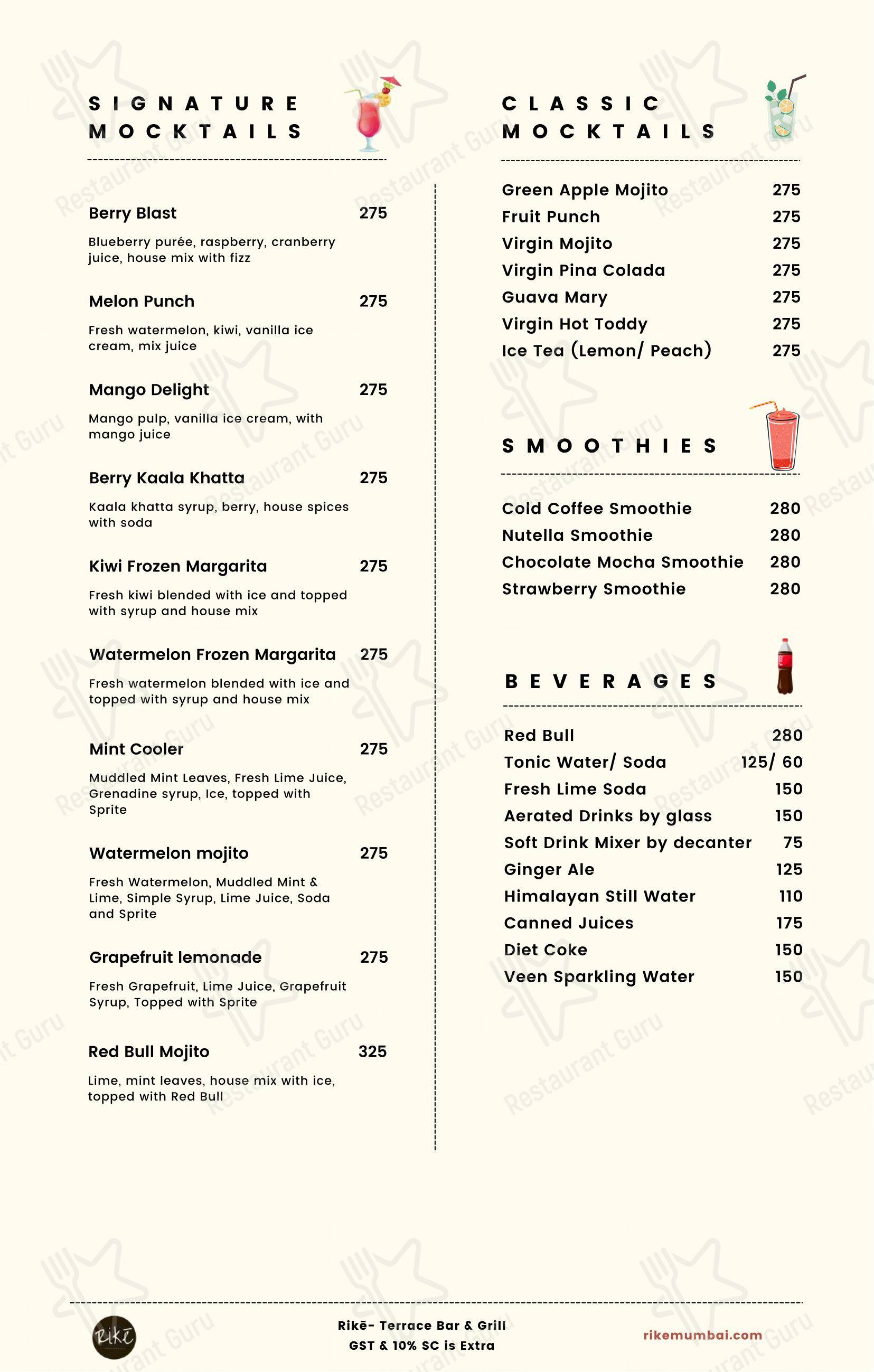 Menu bar for Rikē - Terrace Bar & Grill in Mumbai