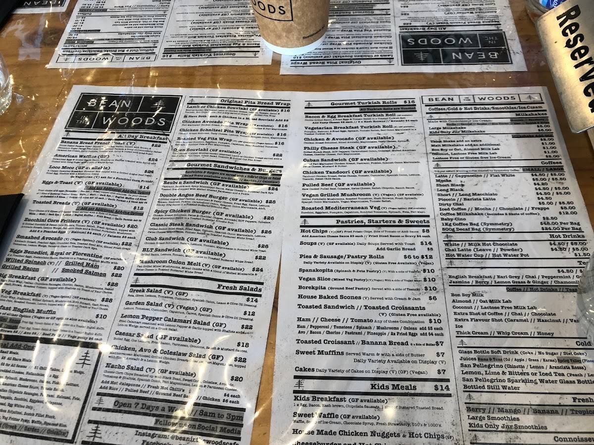 Menu at Bean in the Woods cafe, Ringwood
