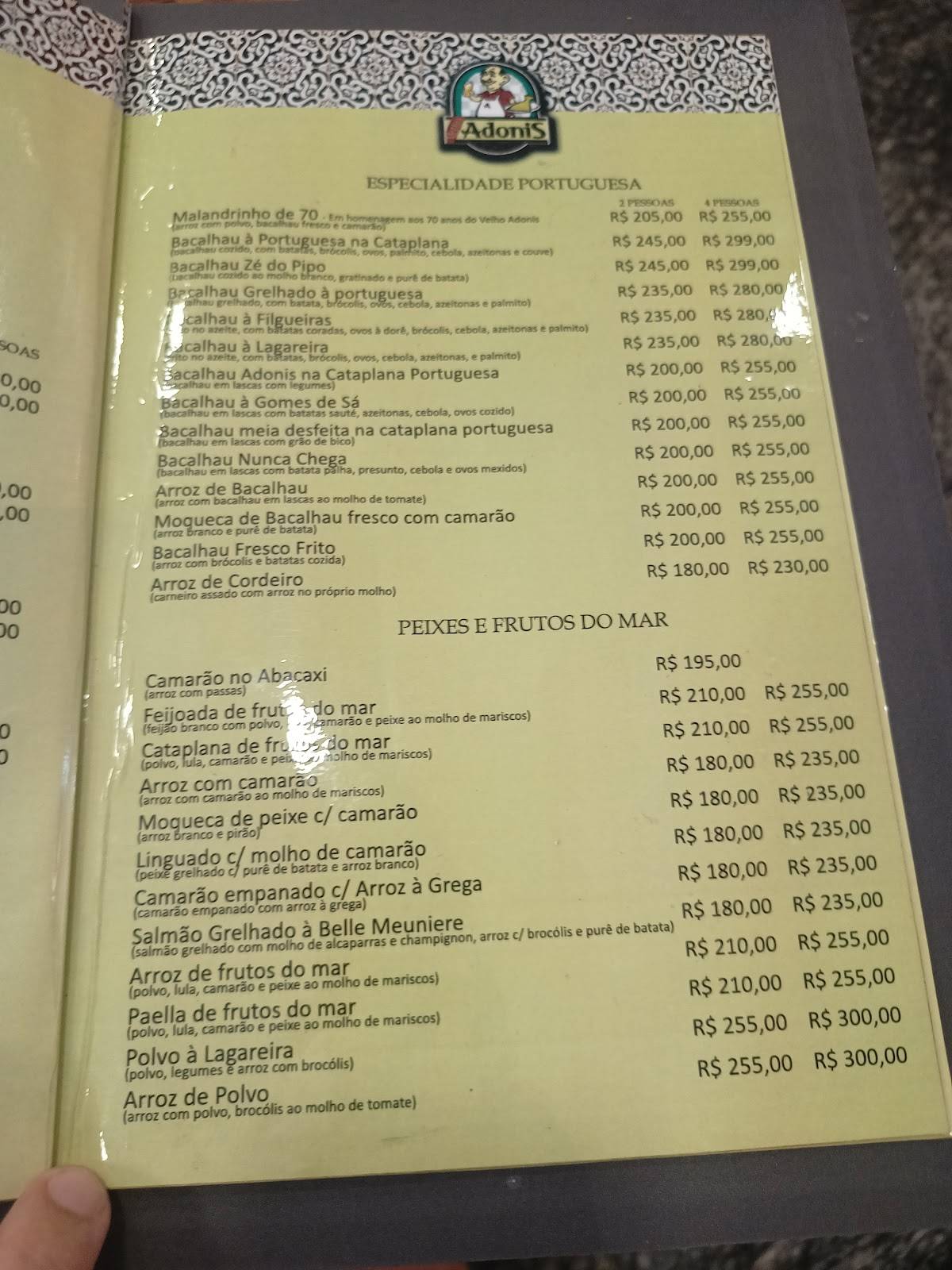 Velho Adonis cardápio