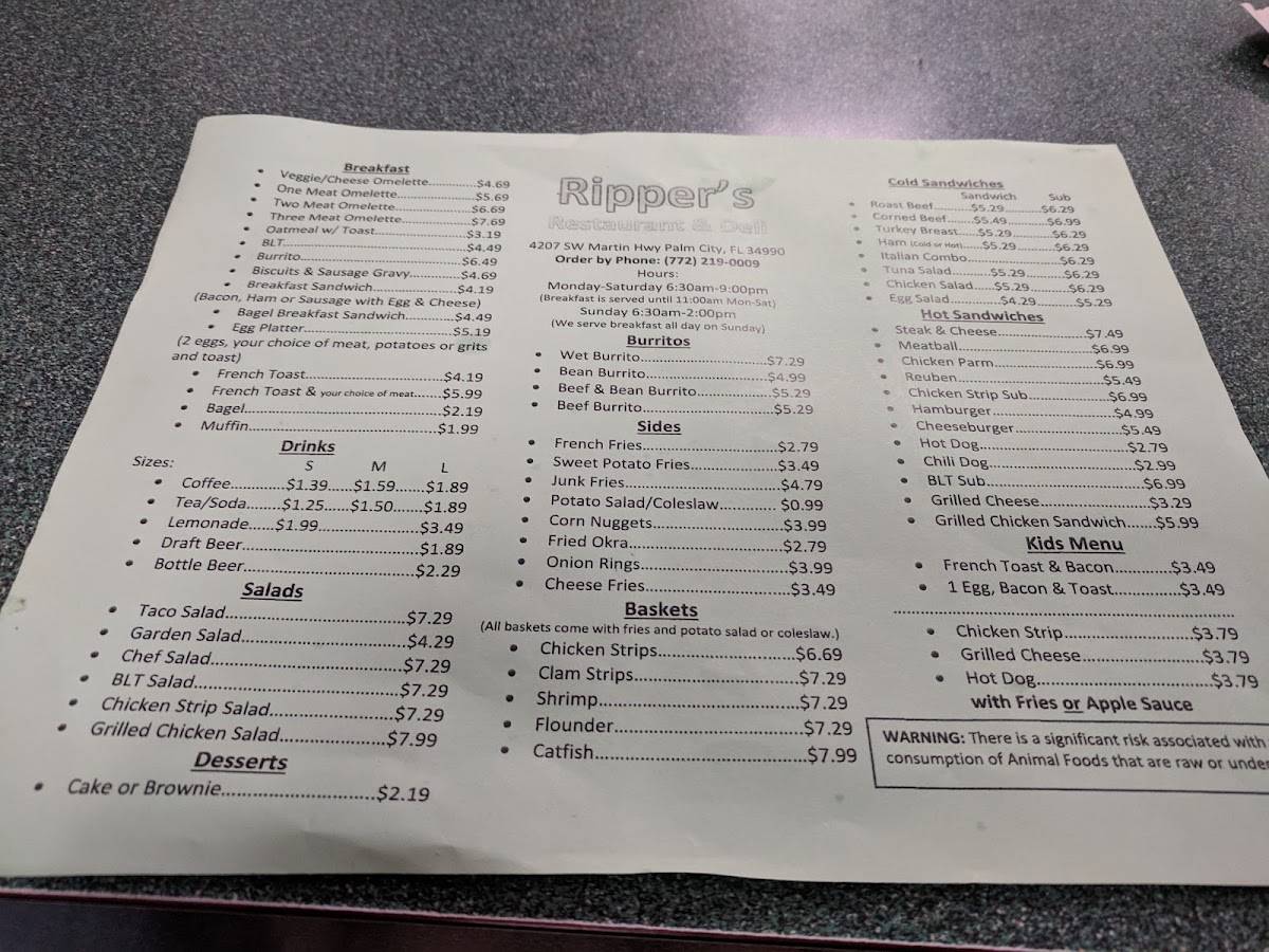 Menu at Ripper's Restaurant, Palm City