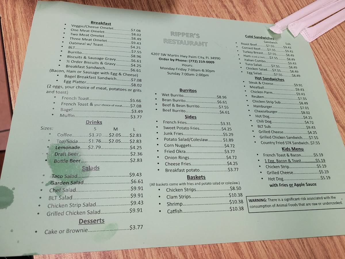 Menu at Ripper's Restaurant, Palm City