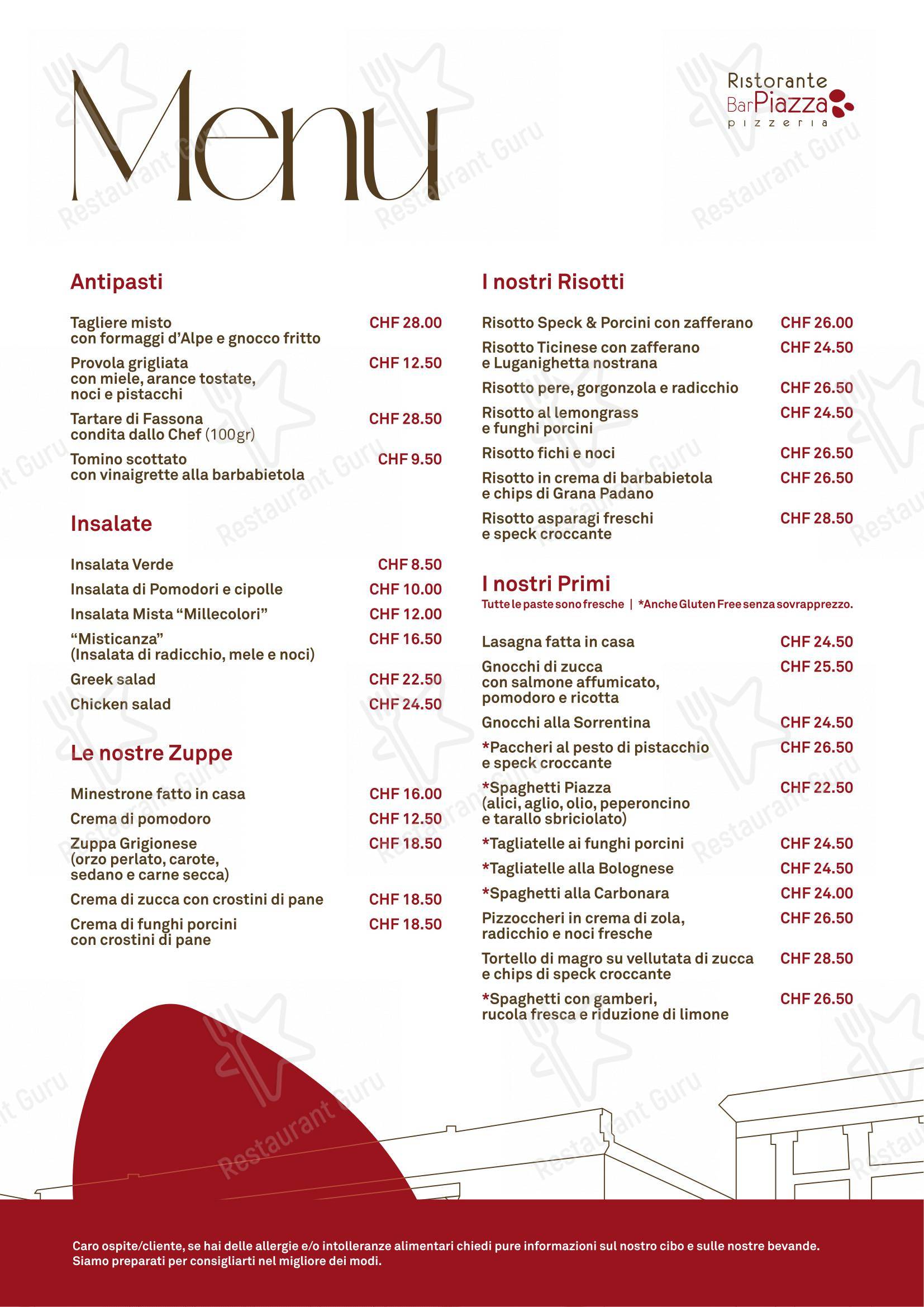 Ristorante Bar Piazza in Locarno - Menu