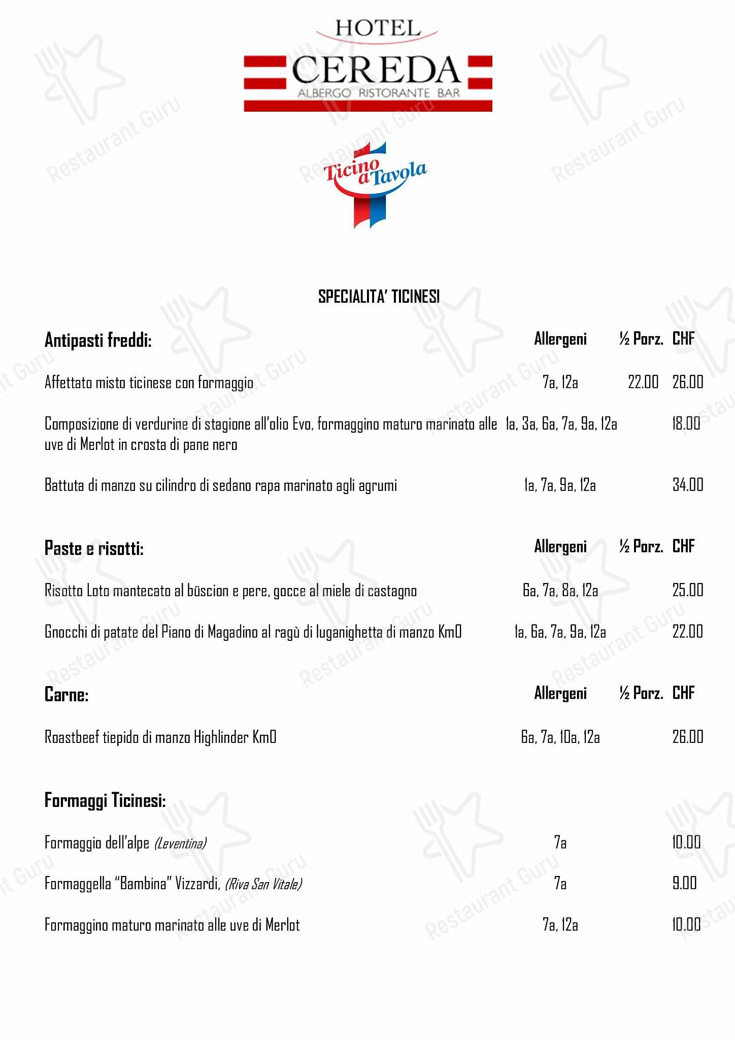 Menu di Albergo-Ristorante Cereda - Dinner Menu