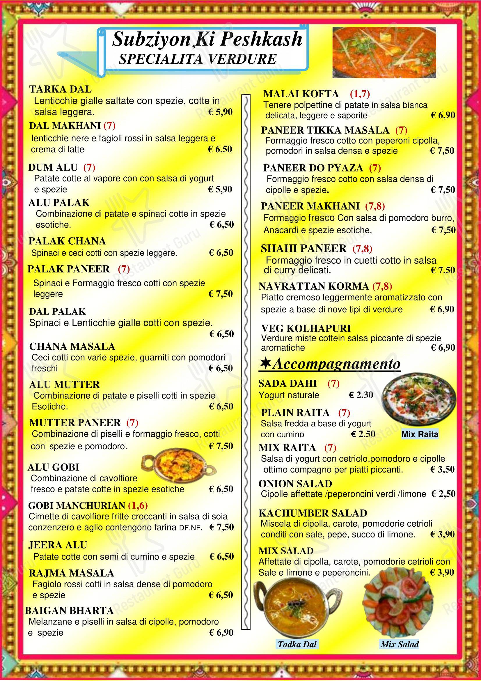 INDIA in Pisa - Menu