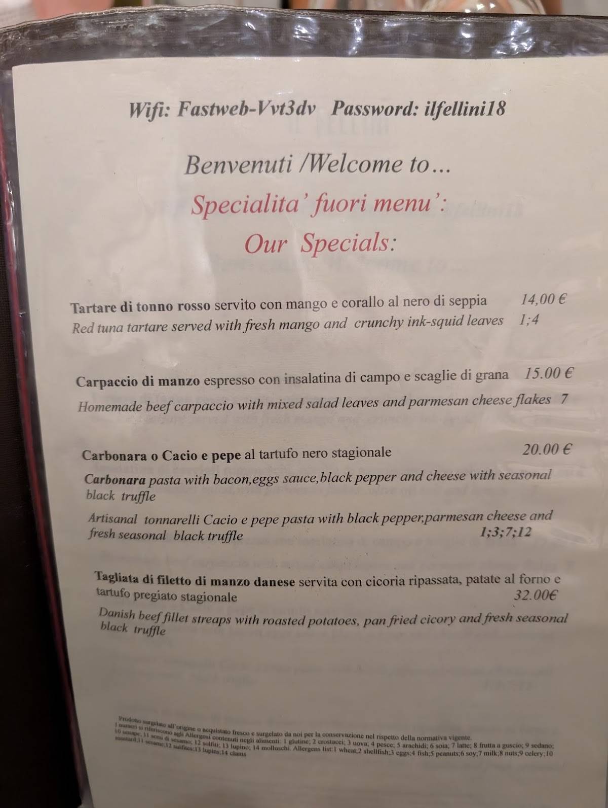 Menu de Ristorante Il Fellini
