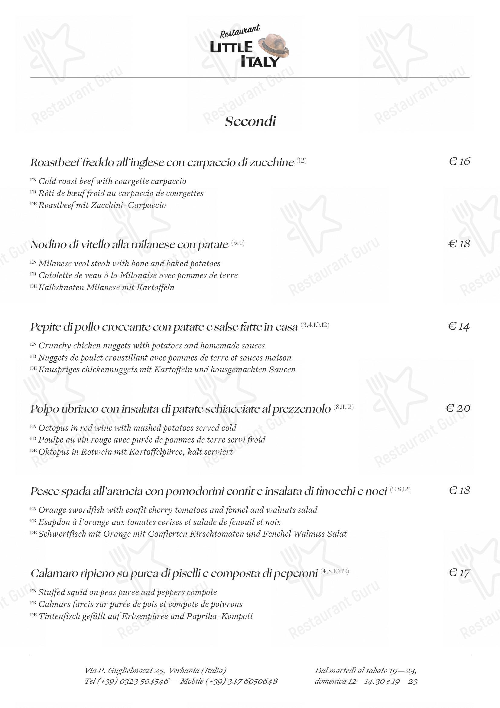 Menu pour Ristorante Little Italy - Menu bar