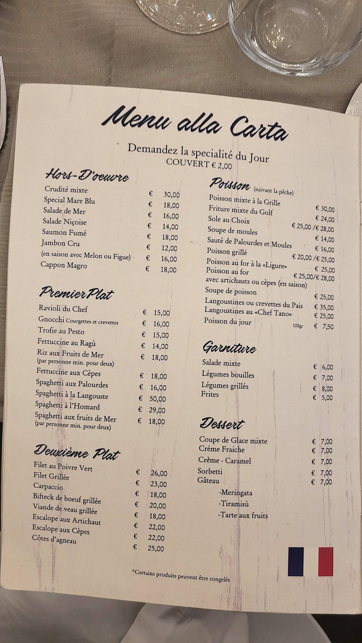 Menu au Mare Blu restaurant, SAN REMO