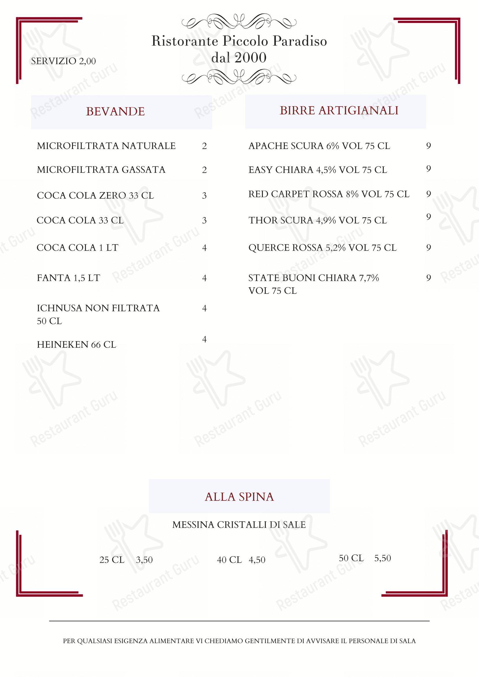 Menu bar per Ristorante Piccolo Paradiso Roma (Casalotti) ristorante
