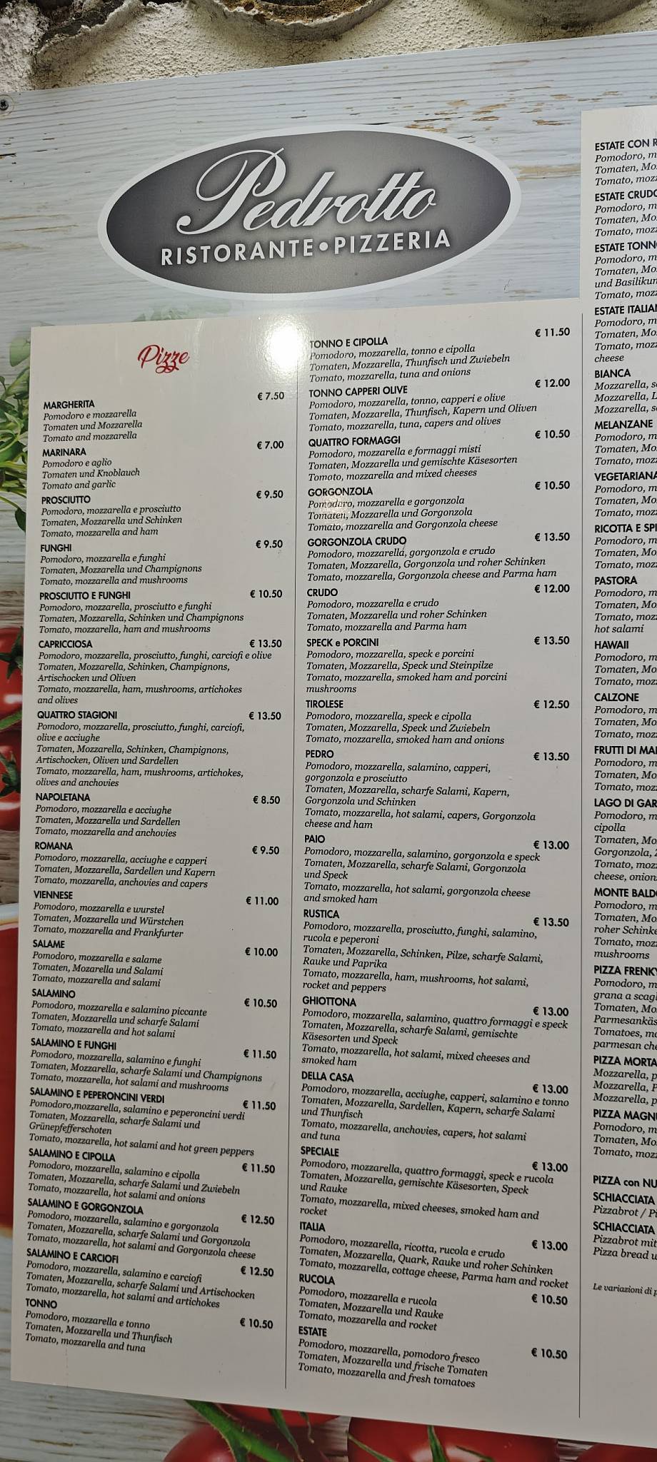 Menu di Ristorante Pizzeria Da Pedro e Pedrotto 