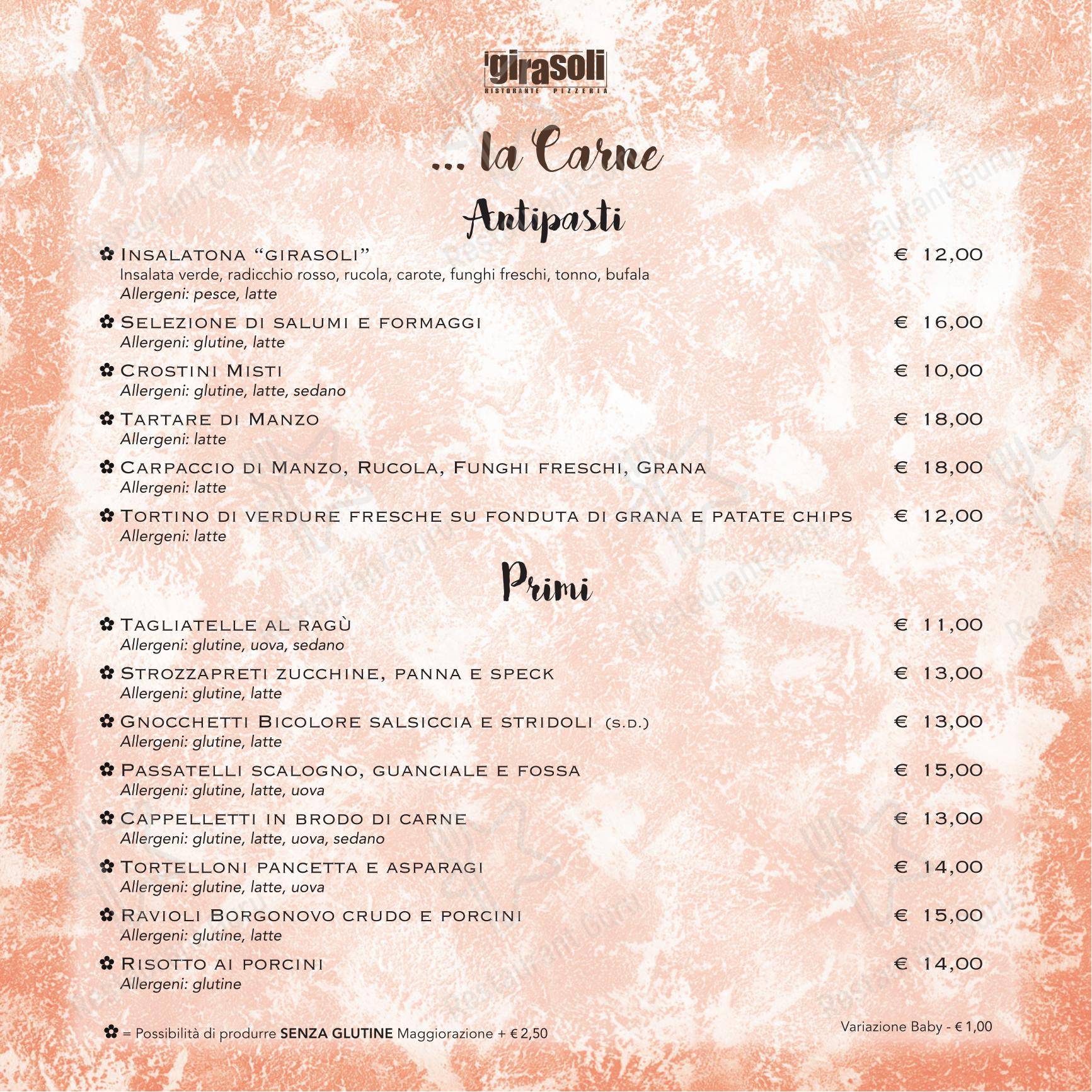 Menu bar per Ristorante Pizzeria I Girasoli in Cesena