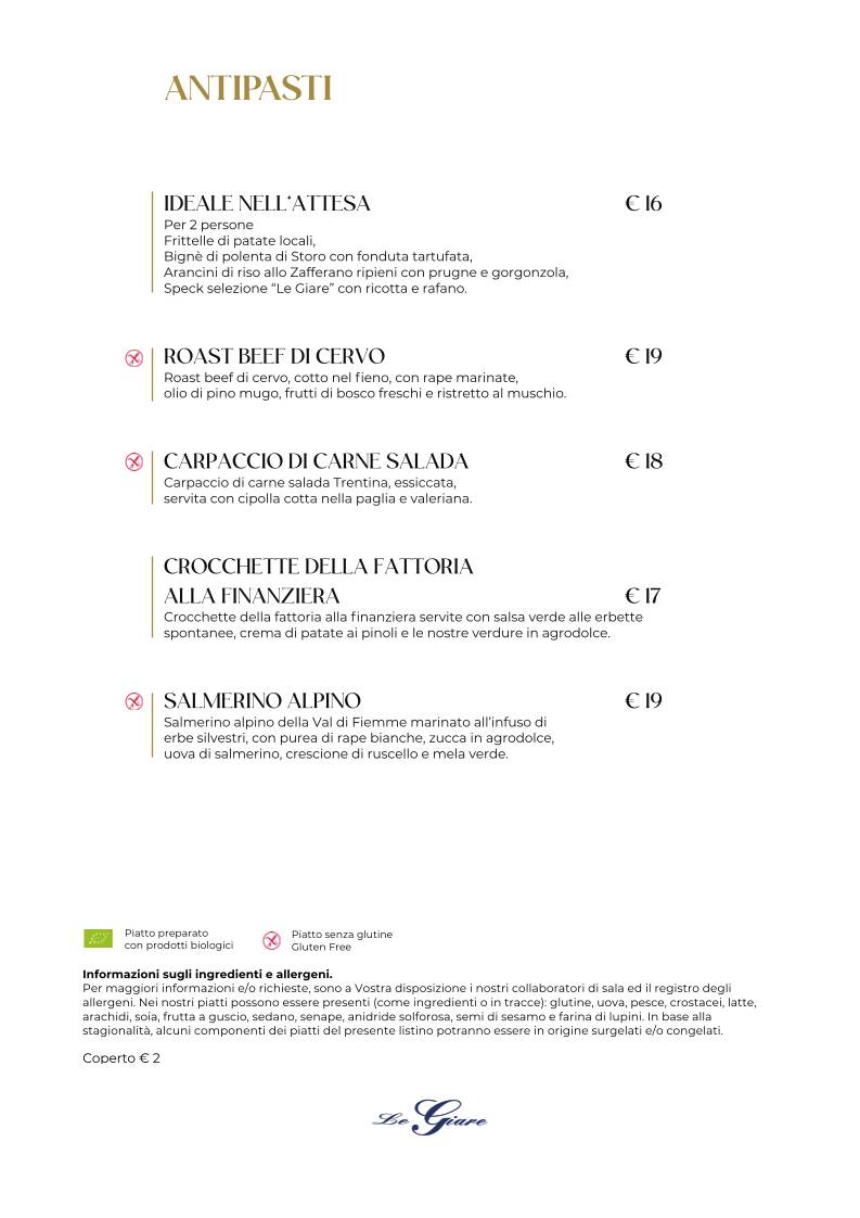 Menu de Ristorante Pizzeria Le Giare