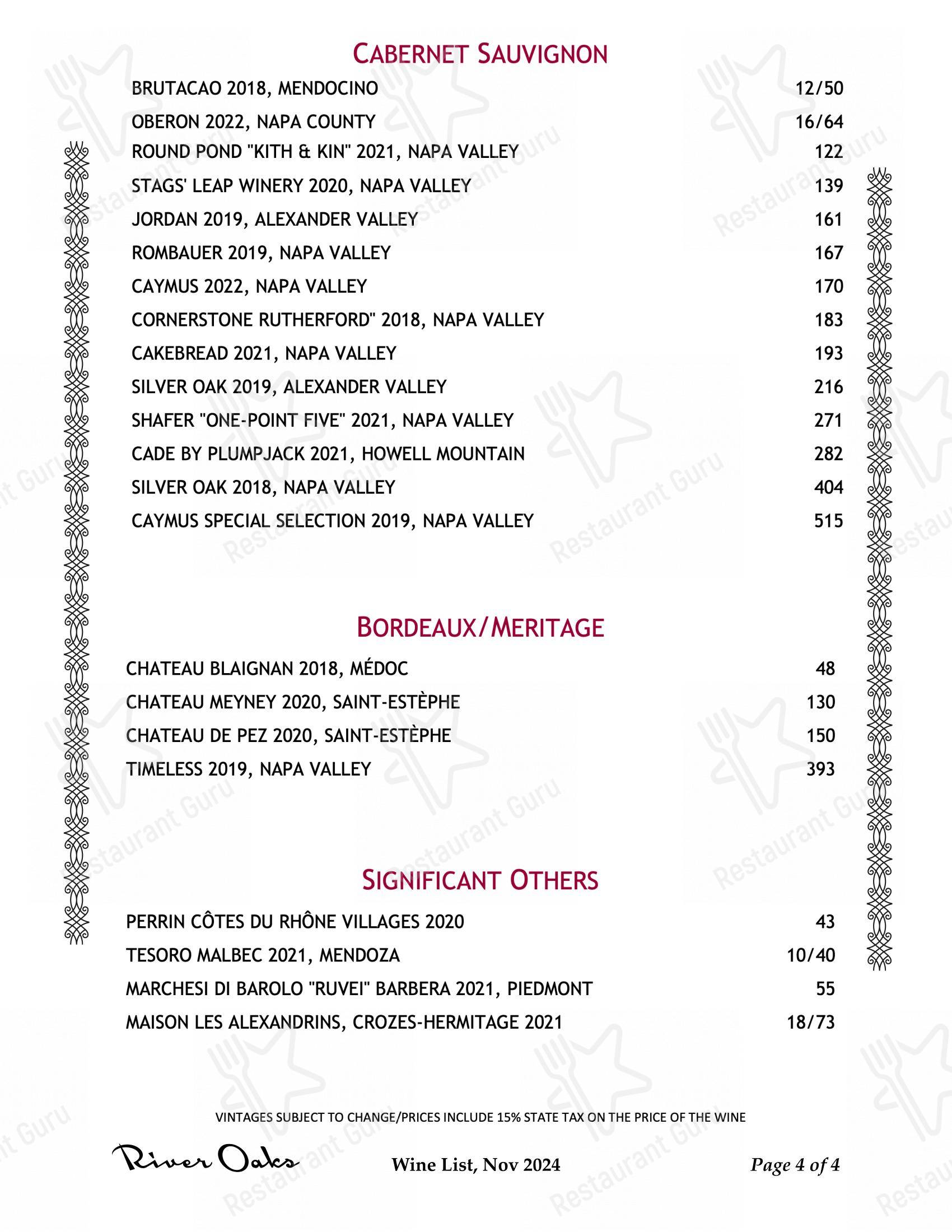 Menu at River Oaks Restaurant, Memphis