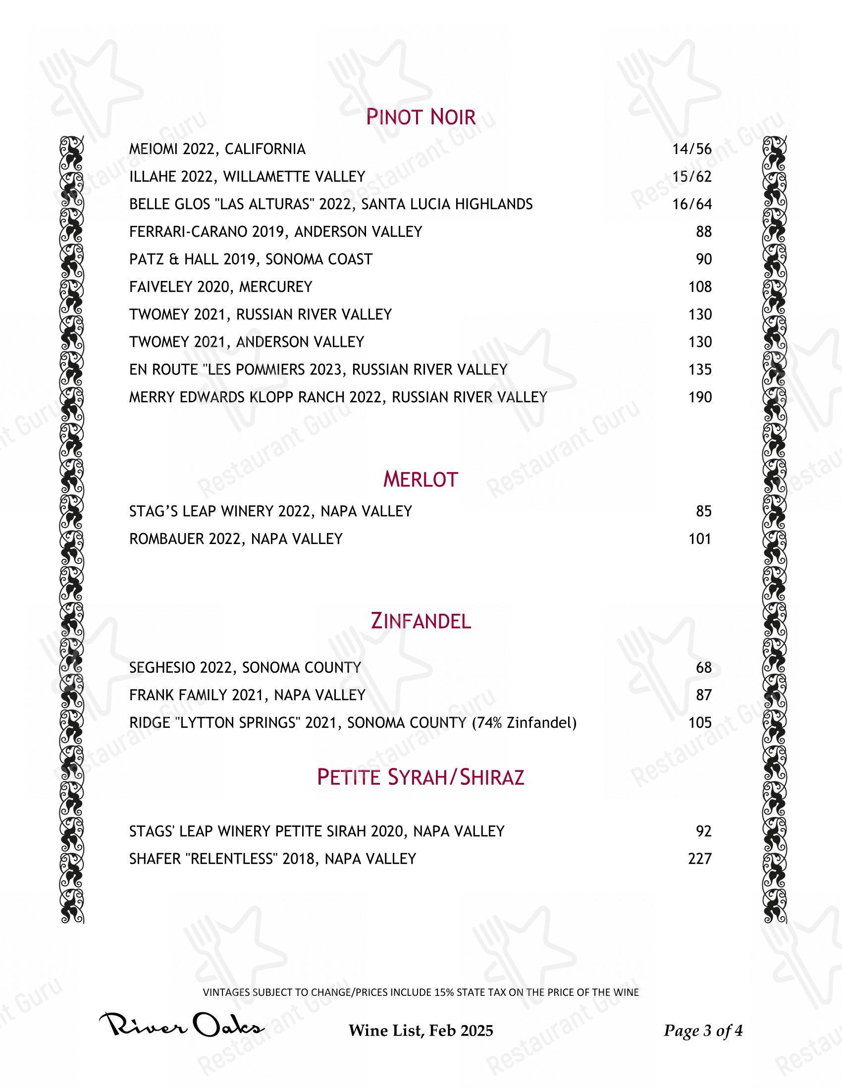Menu at River Oaks Restaurant, Memphis