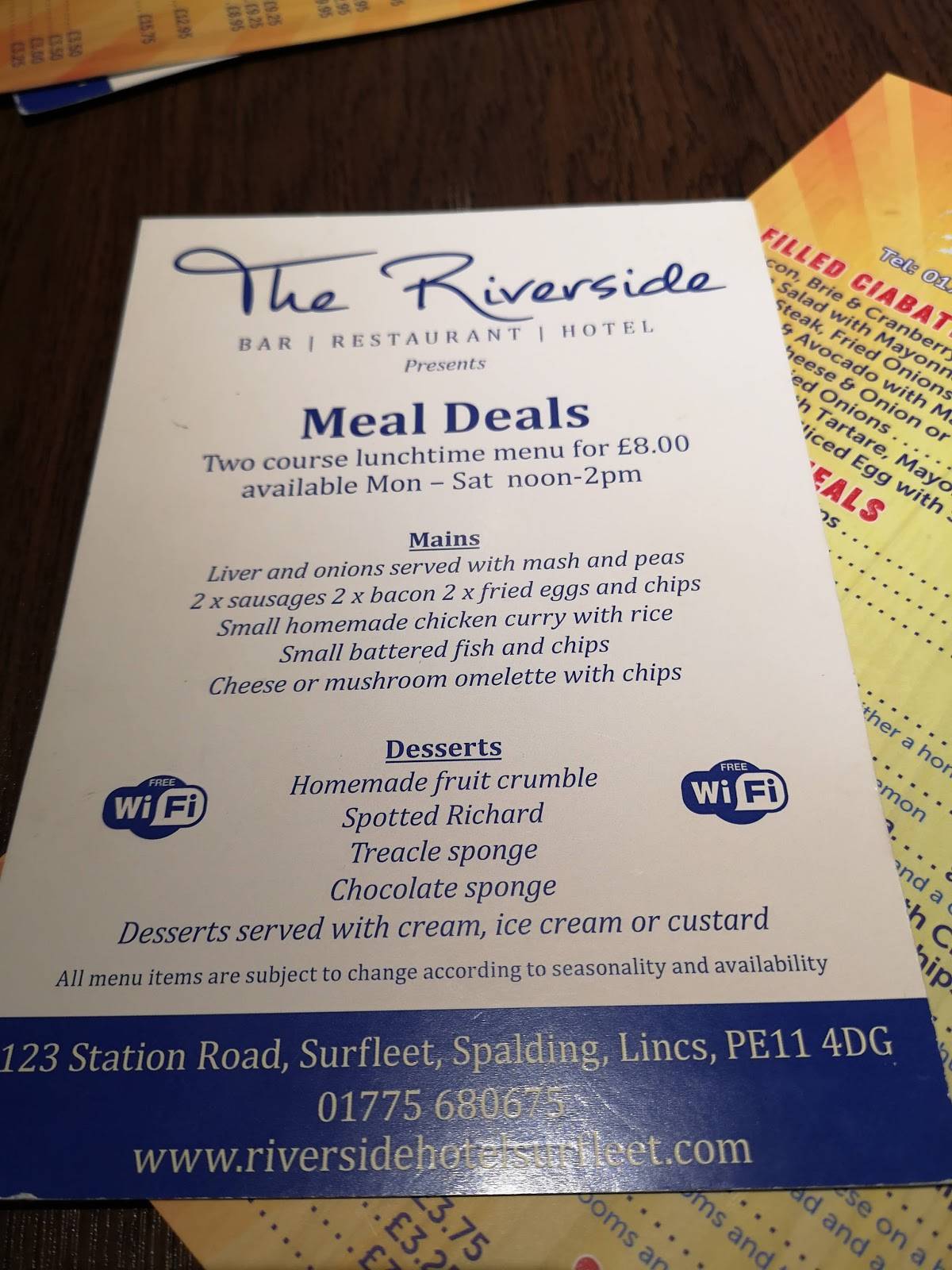 Menu at Riverside Inn pub & bar, Spalding