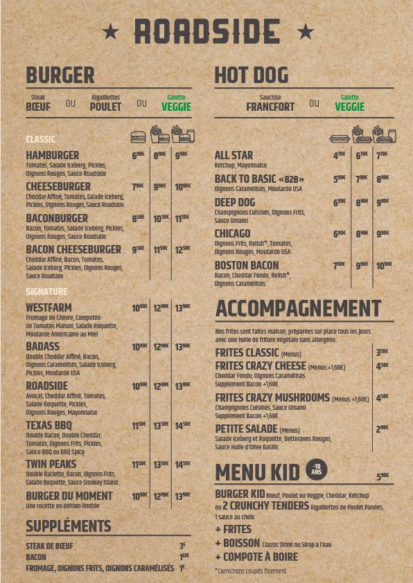 Menu de Roadside Lorient