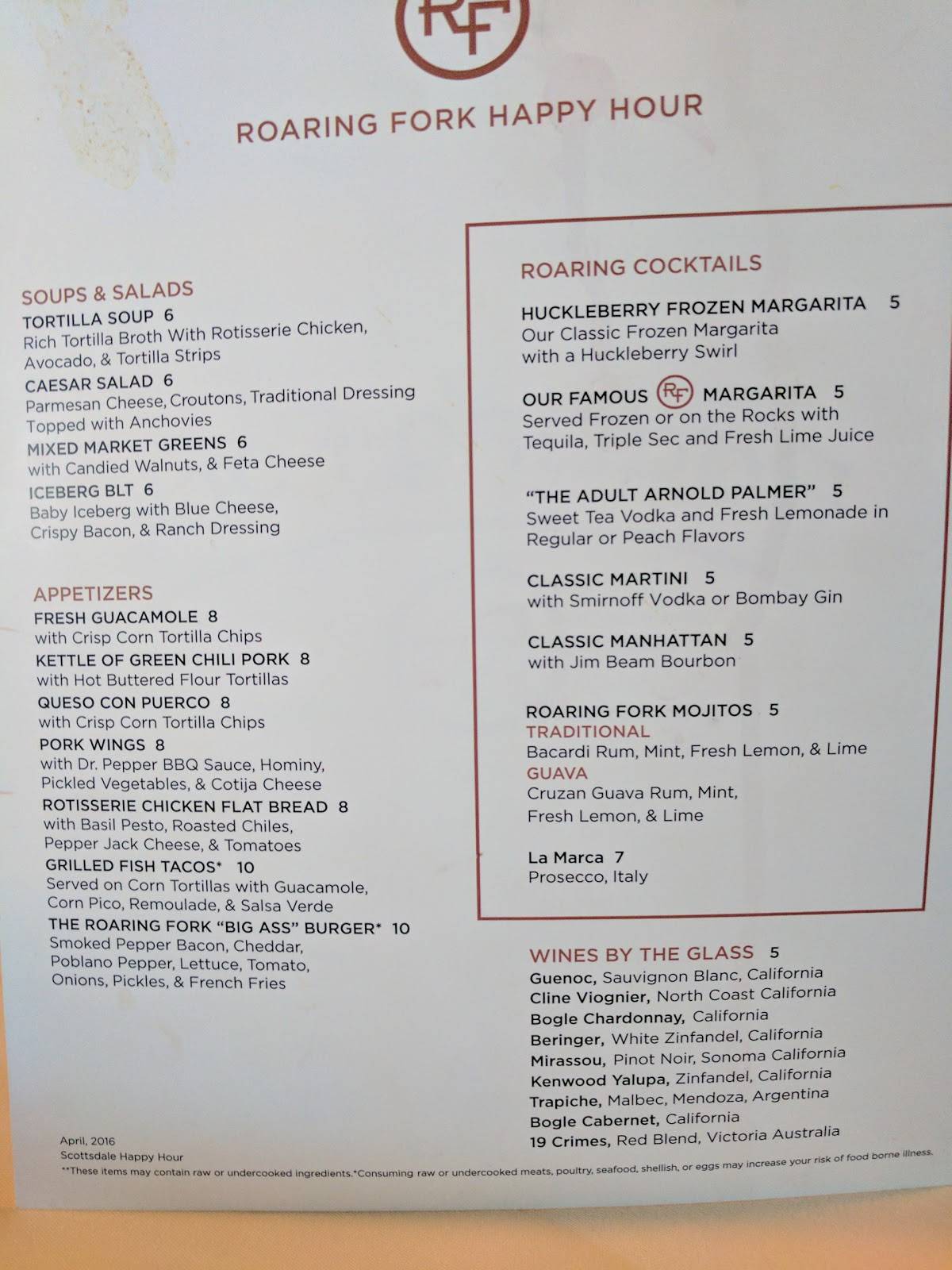 Menu at Roaring Fork pub & bar, Scottsdale