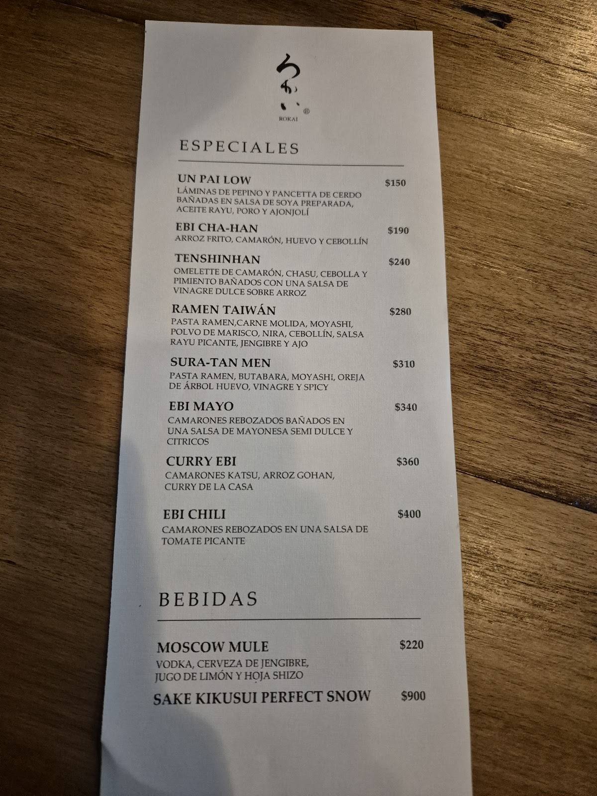 Carta del restaurante Rokai Ramen-Ya, Ciudad del México