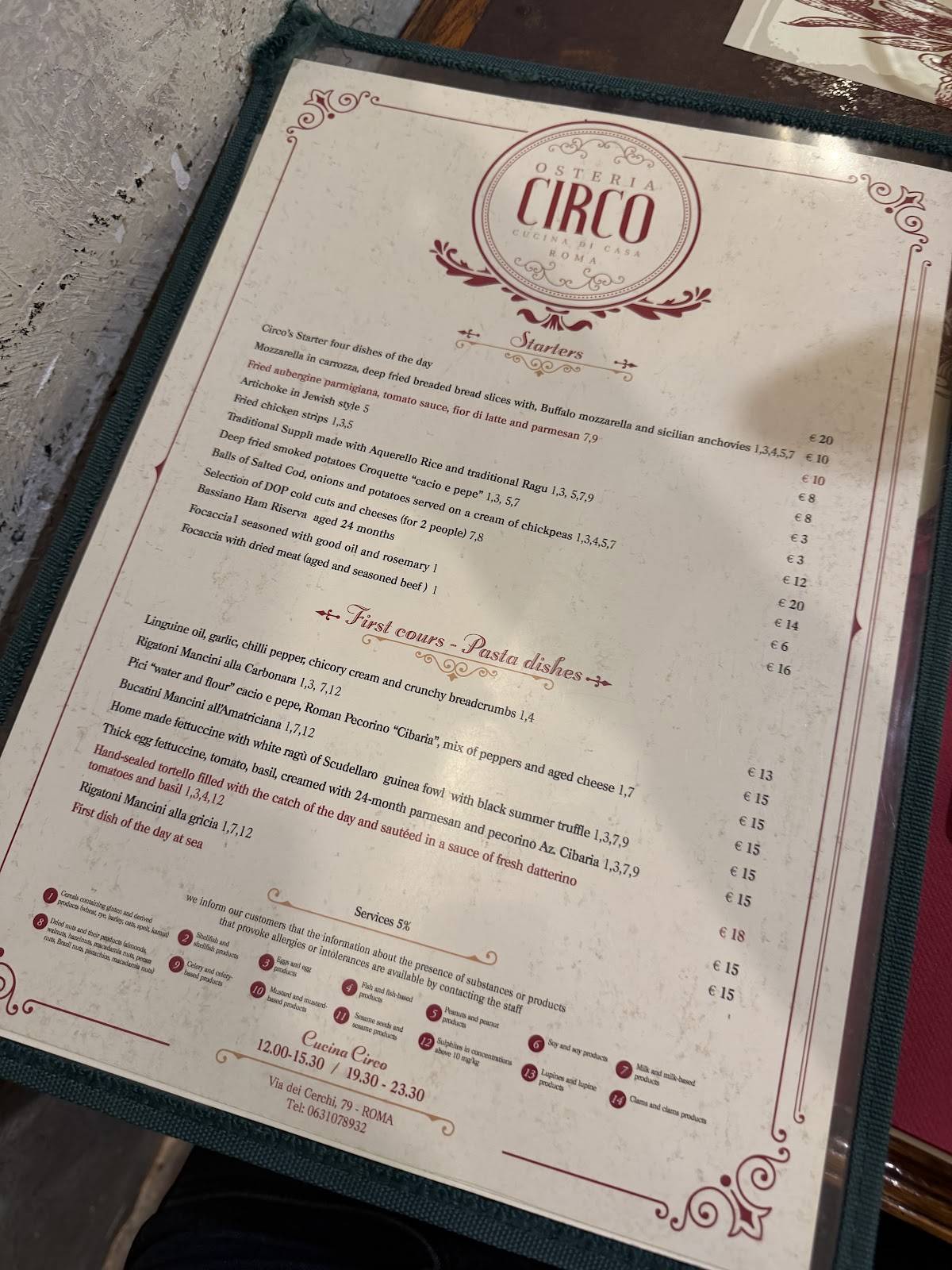 Menu di Osteria Circo 