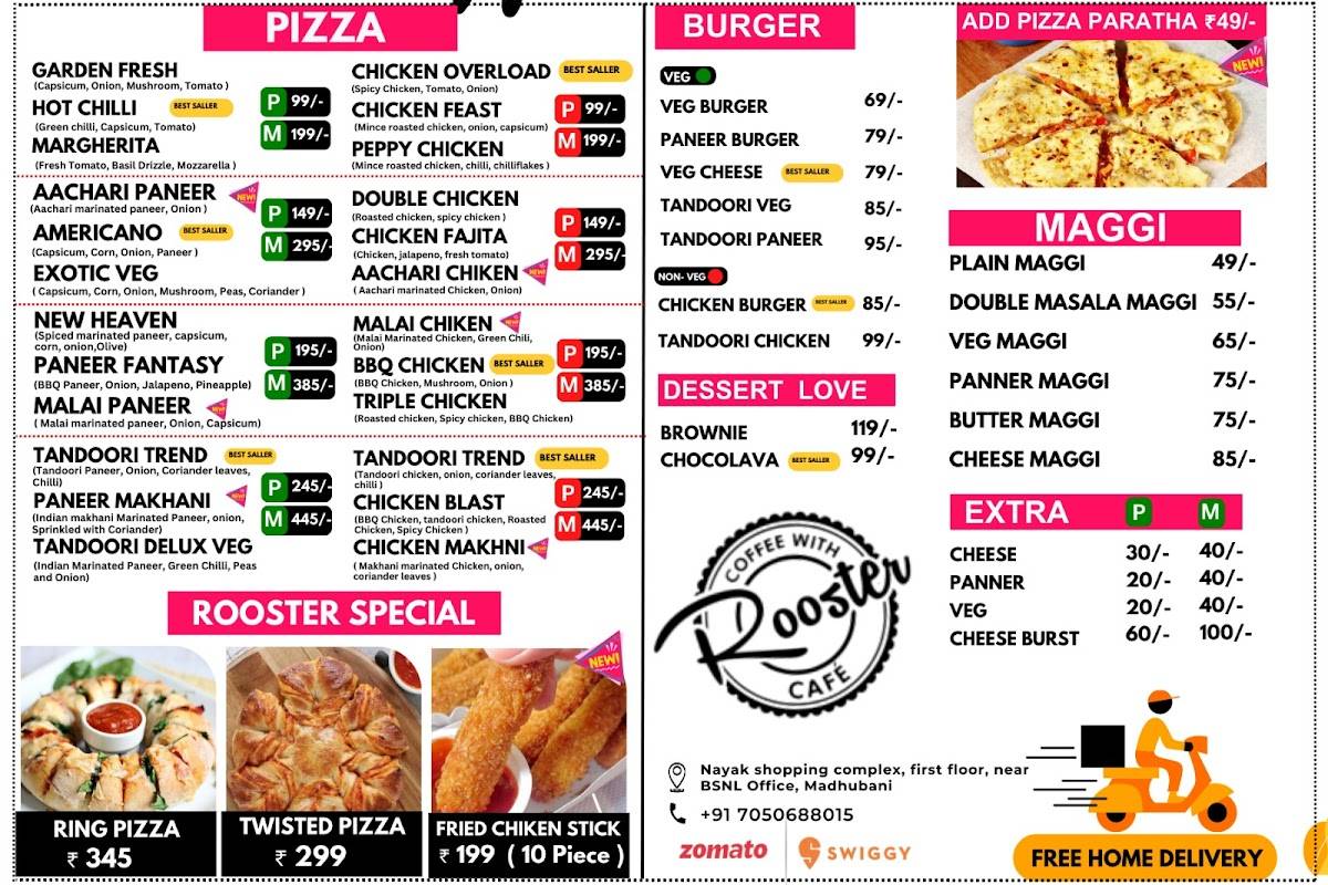 Rooster Cafe, Best pizza in madhubani menu