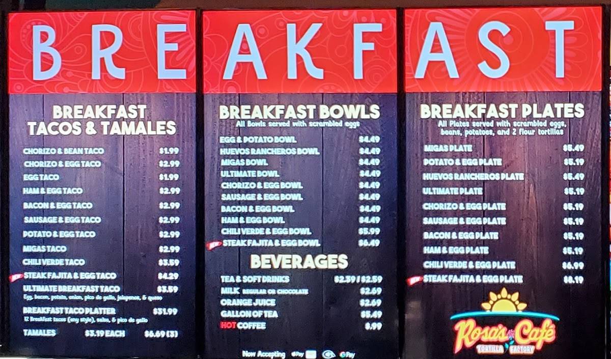 Menu at Rosa's Café & Tortilla Factory restaurant, Lewisville, State
