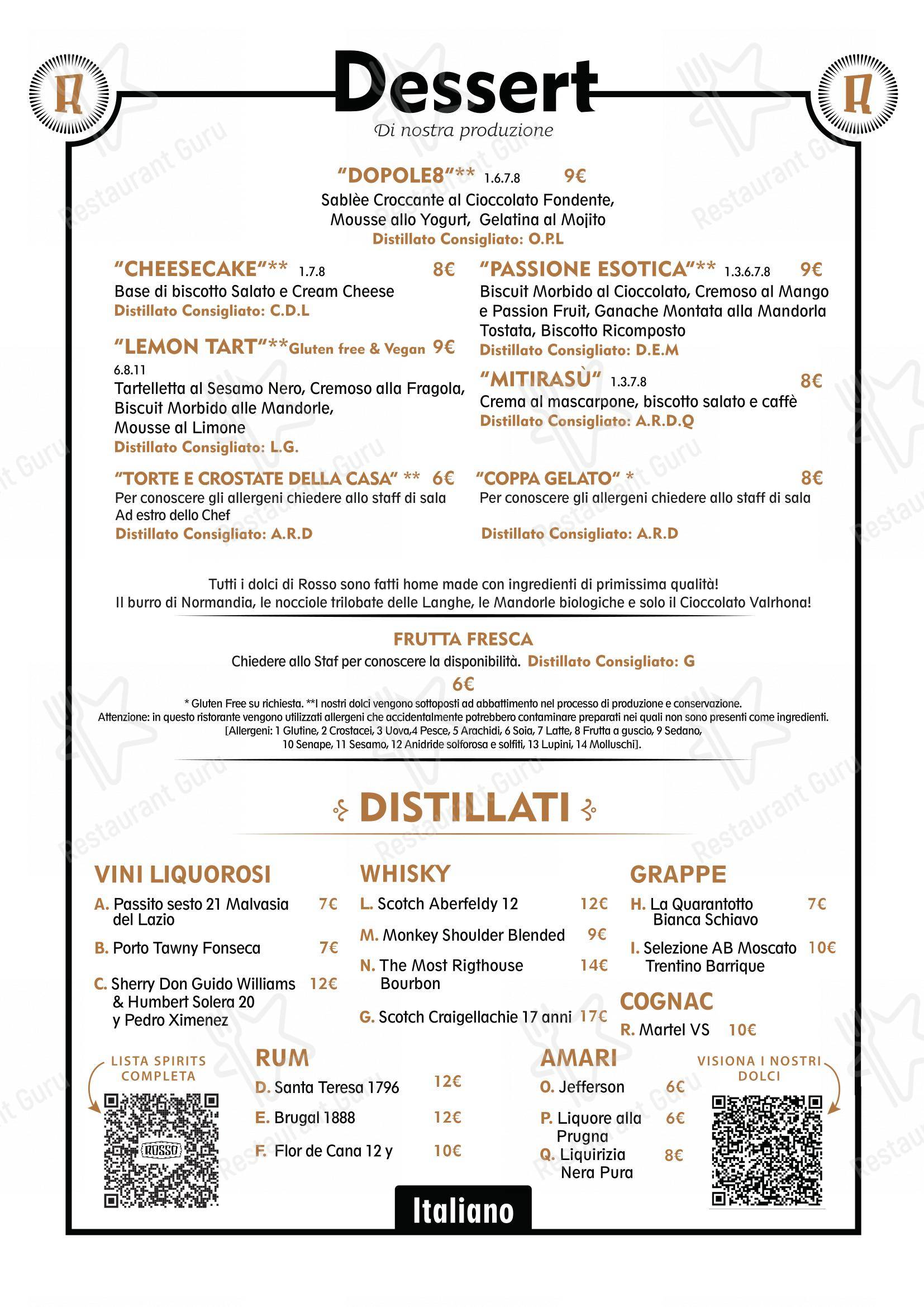 Menu bar per Rosso Ristorante in Roma