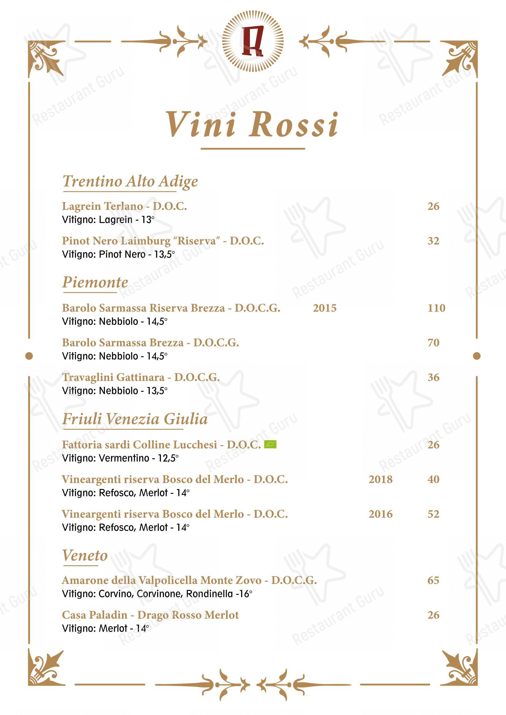 Rosso Ristorante in Roma - Основное меню