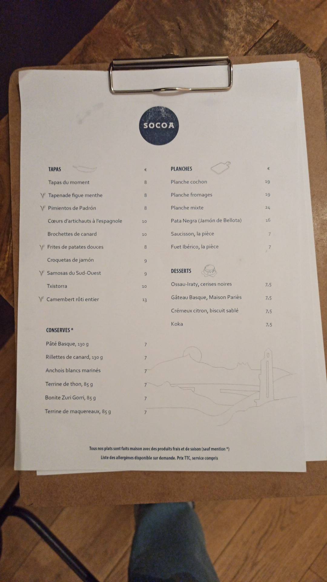 Menu de SOCOA - Bar a Tapas