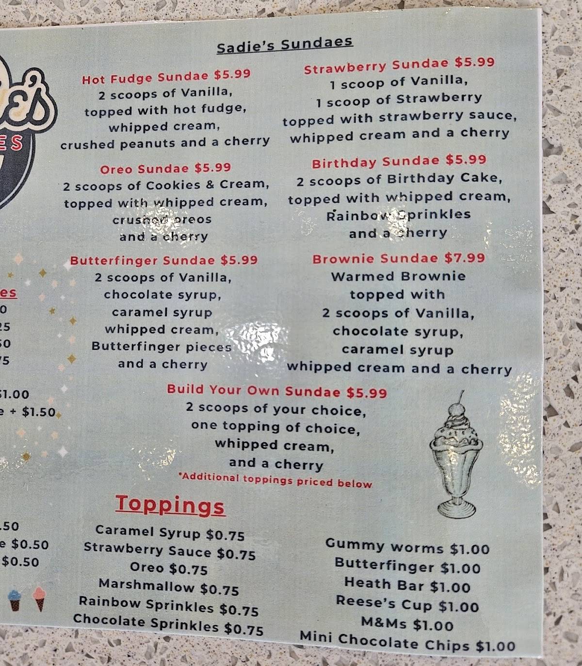 Menu at Sadie's Diner restaurant, Vance
