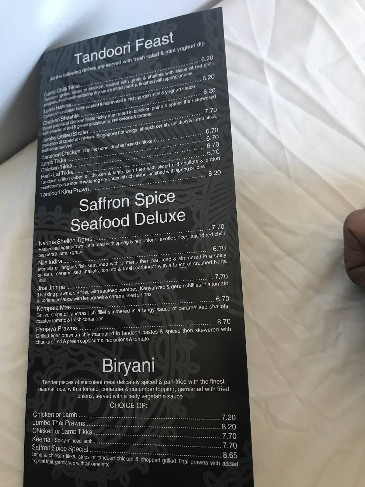 Menu at Saffron Lounge restaurant, Sheffield, 1 Wortley Rd