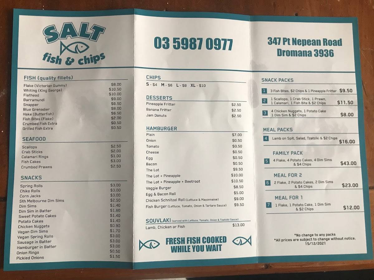 Menu at Salt Fish & Chips restaurant, Dromana