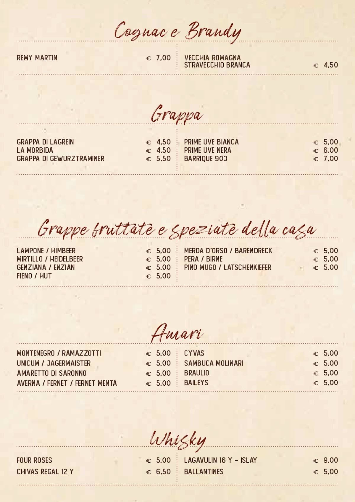 Menu di RISTORANTE PIZZERIA SKI BAR SAN CASSIANO 