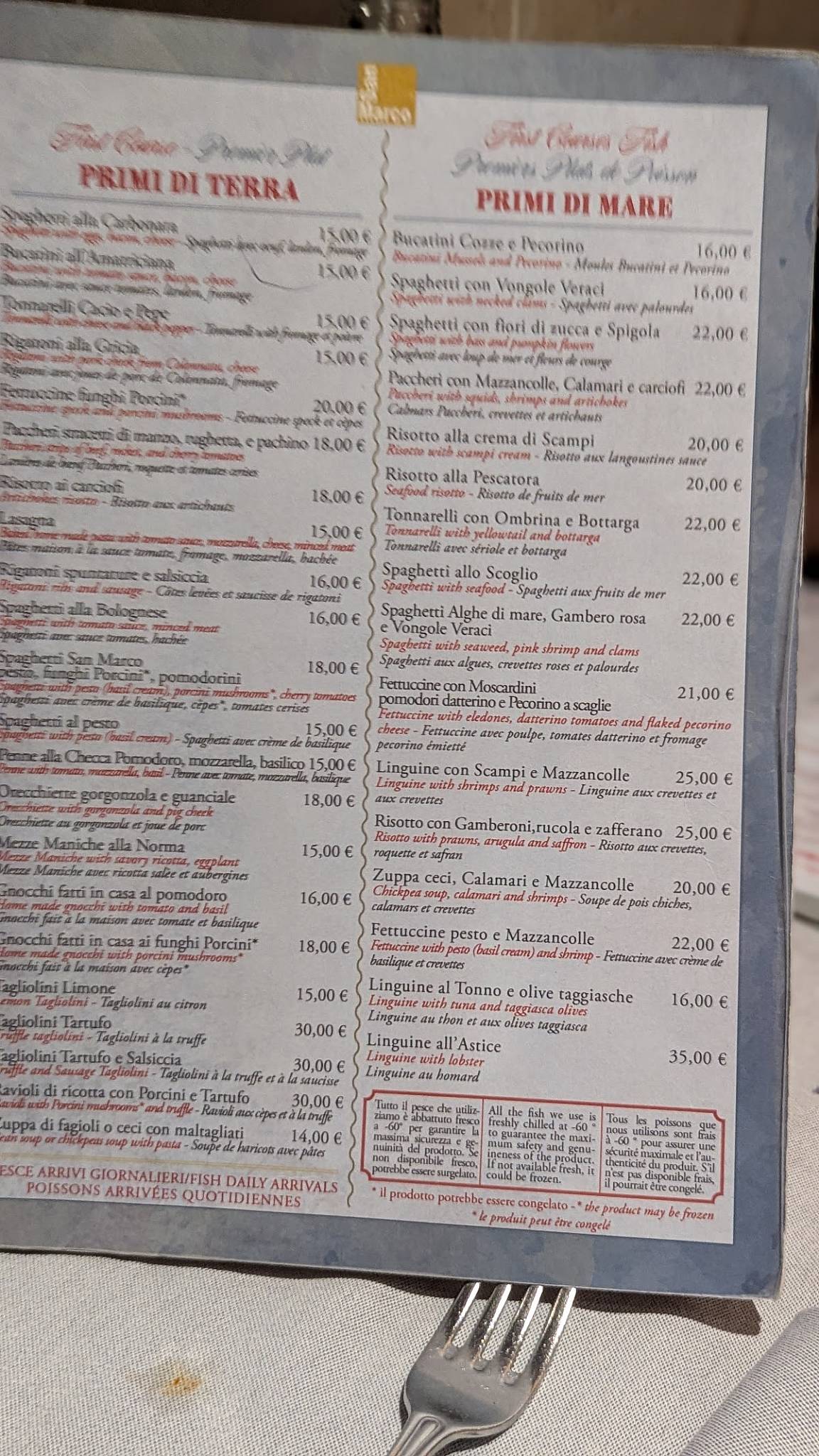 Menu di Pizzeria San Marco - Ristorante Via Sardegna 