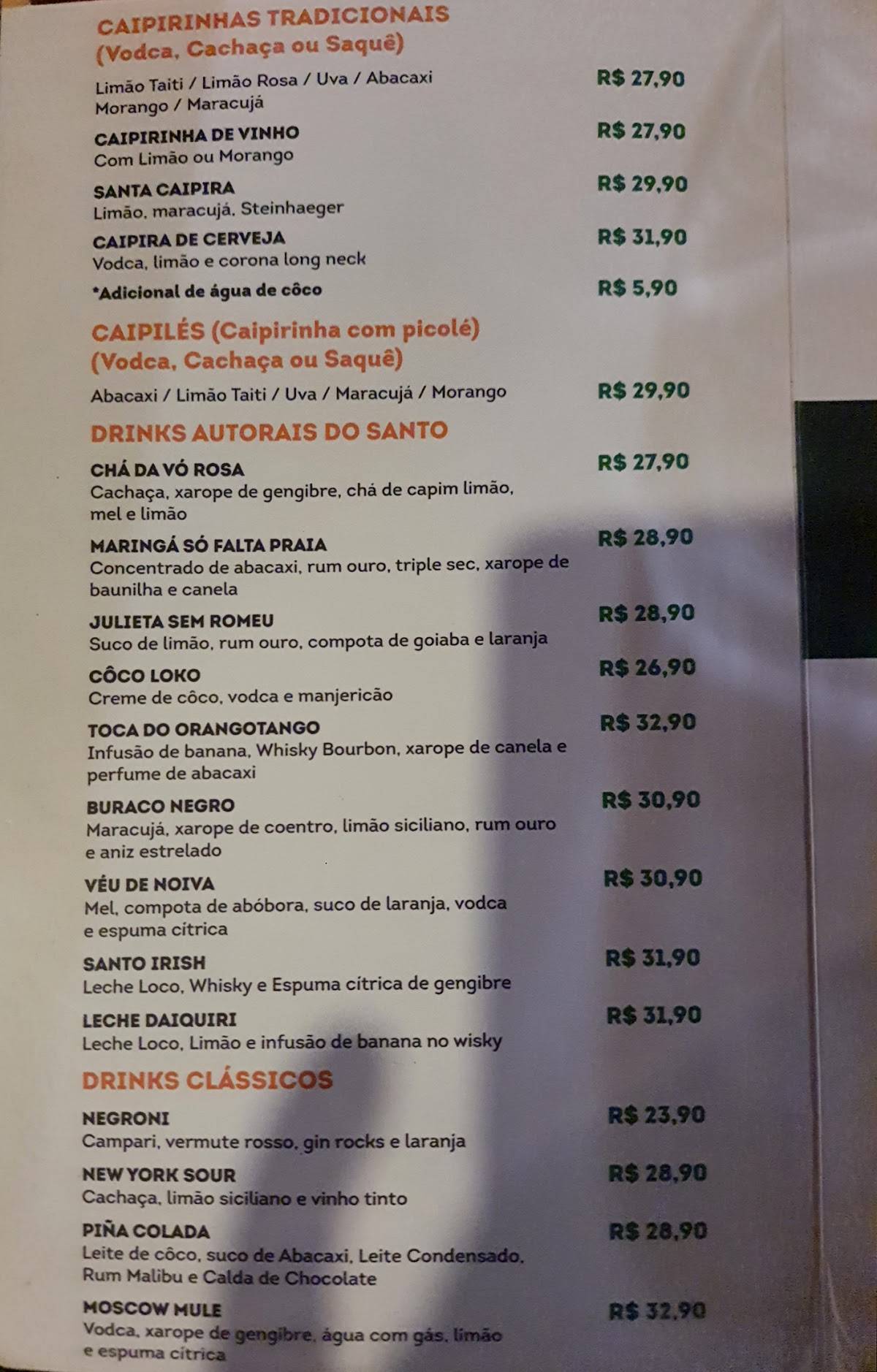 Santo Bar cardápio