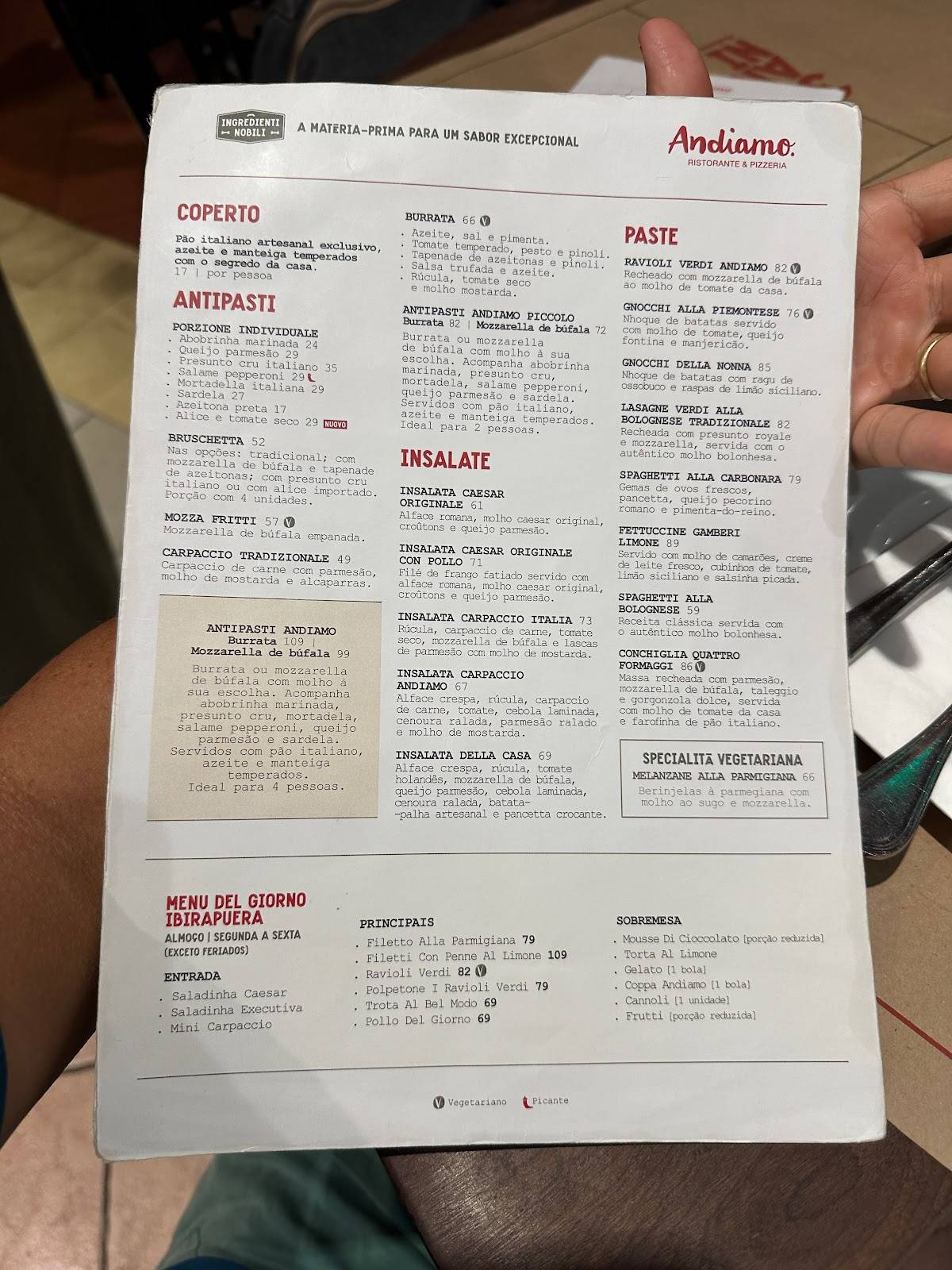 Andiamo Ristorante & Pizzeria Ibirapuera cardápio