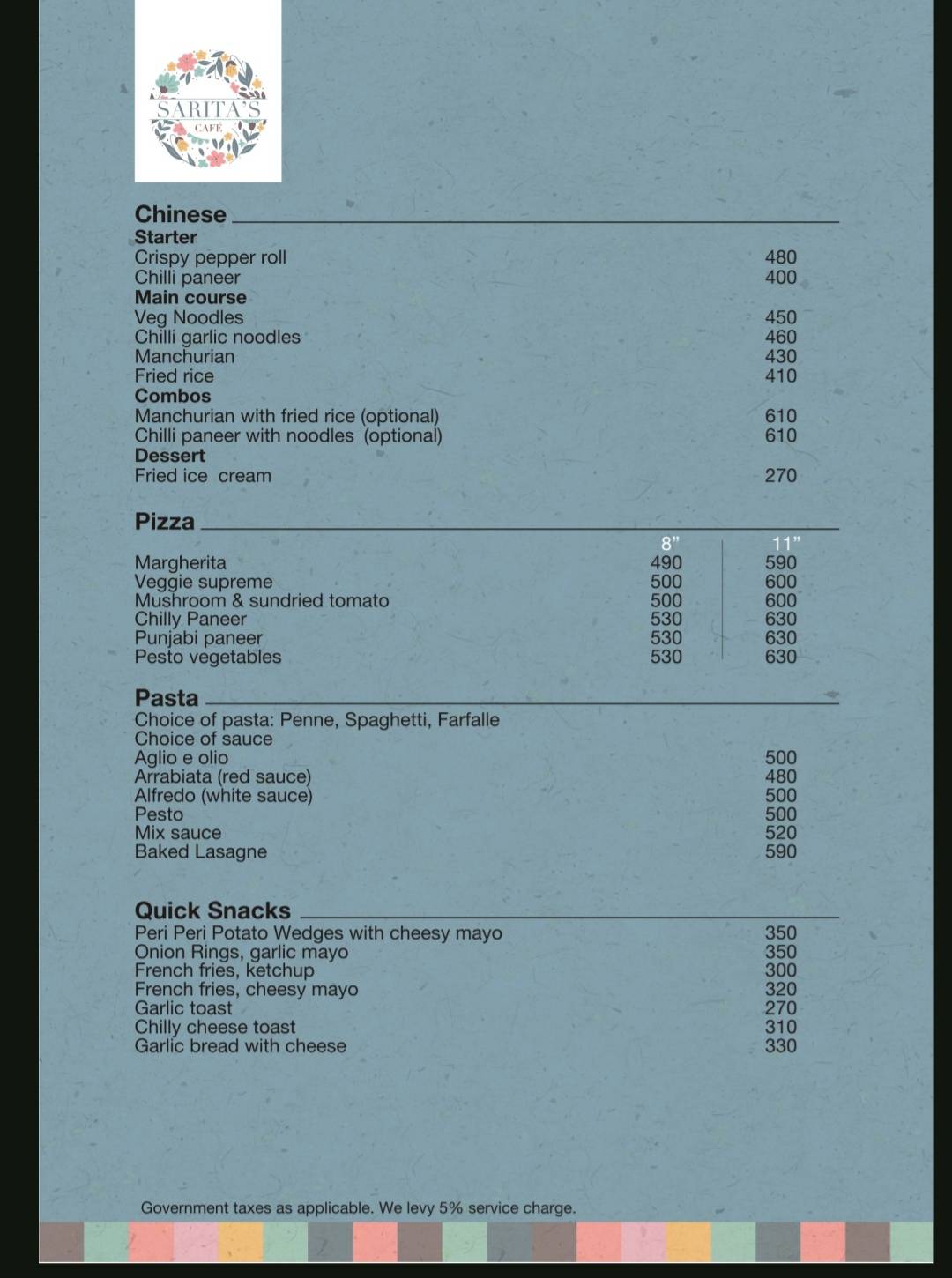 Sarita's Cafe menu