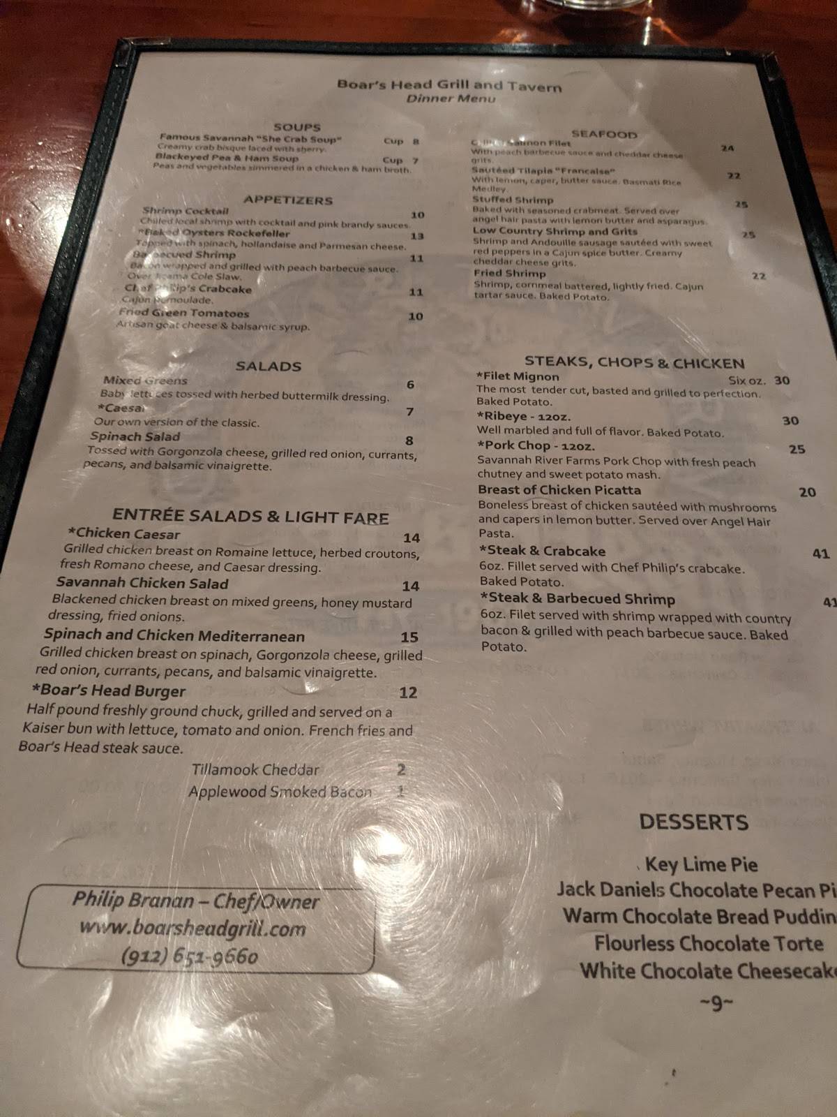 Menu at Boar's Head Grill & Tavern pub & bar, Savannah