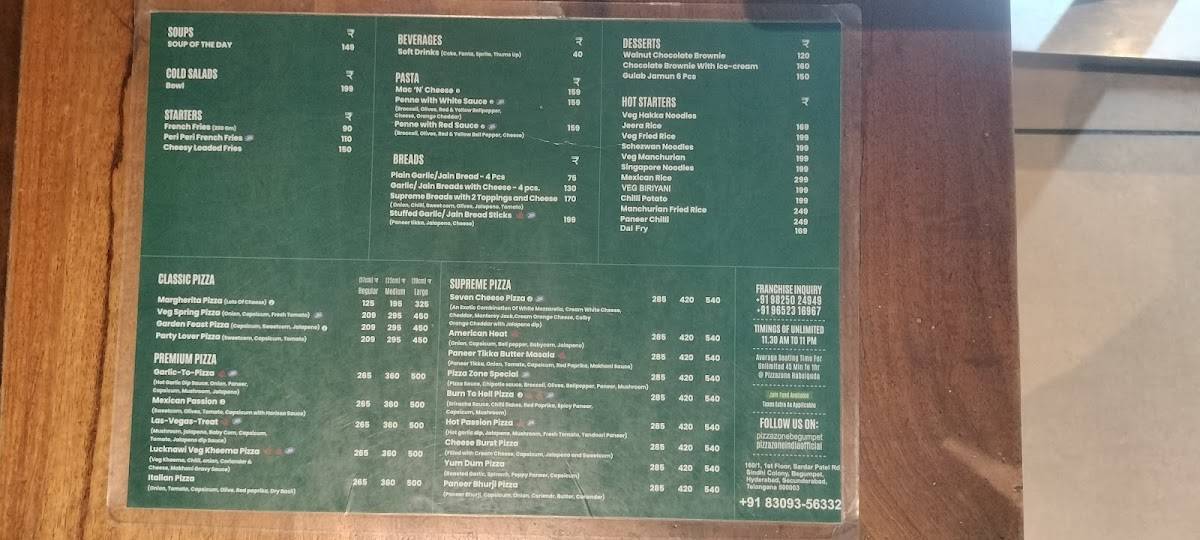 Pizza Zone Begumpet menu