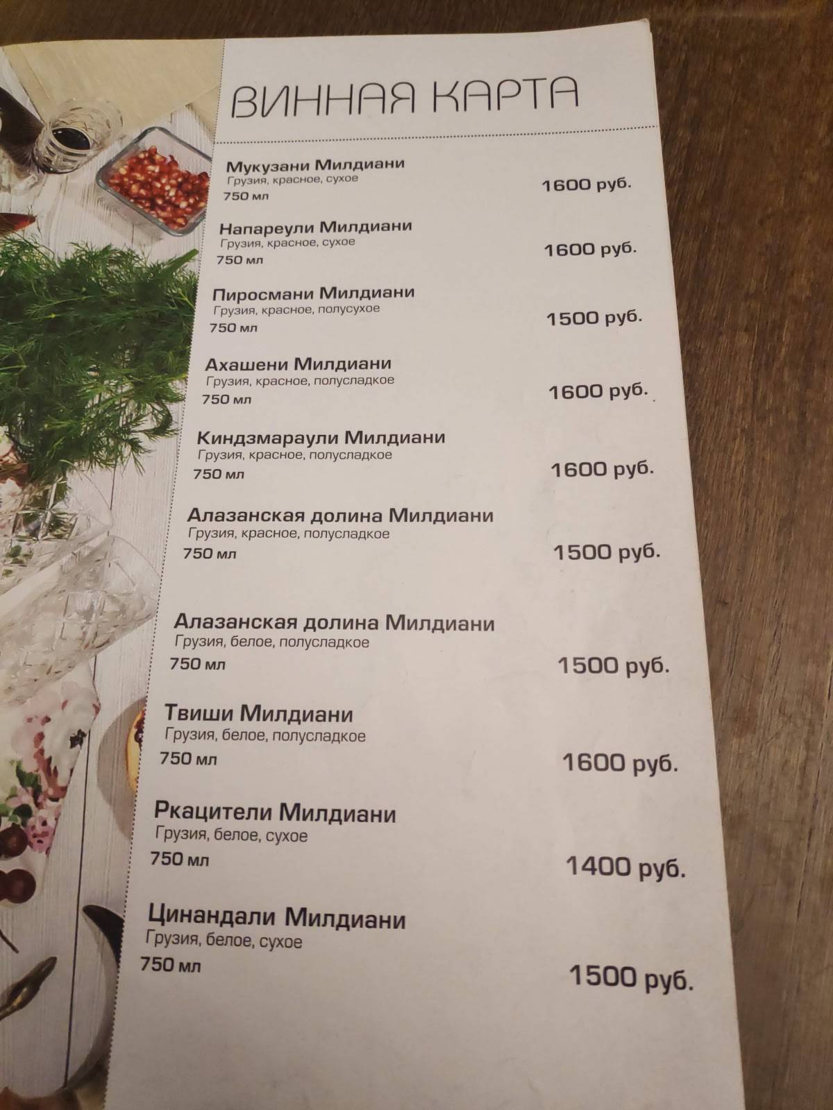 Menu au Pirosmani restaurant, Serguiev Possad