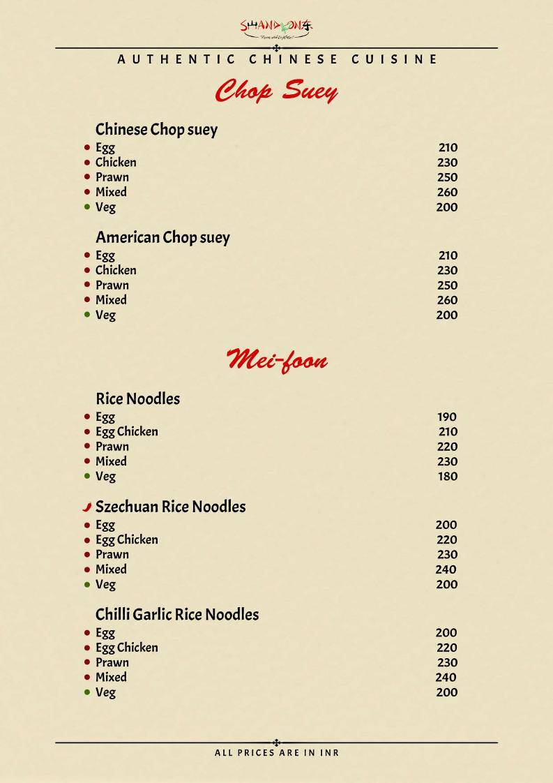 Shandong Chinese Restaurant menu