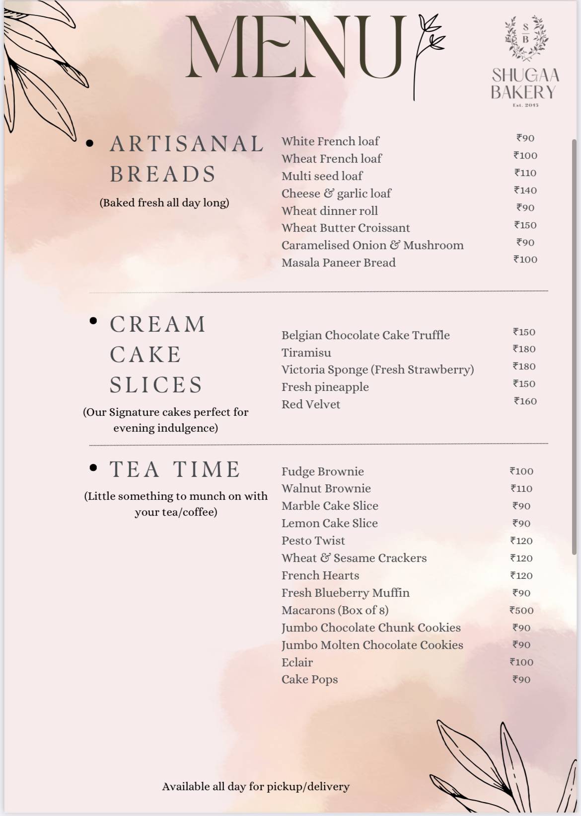 Shugaa Bakery menu