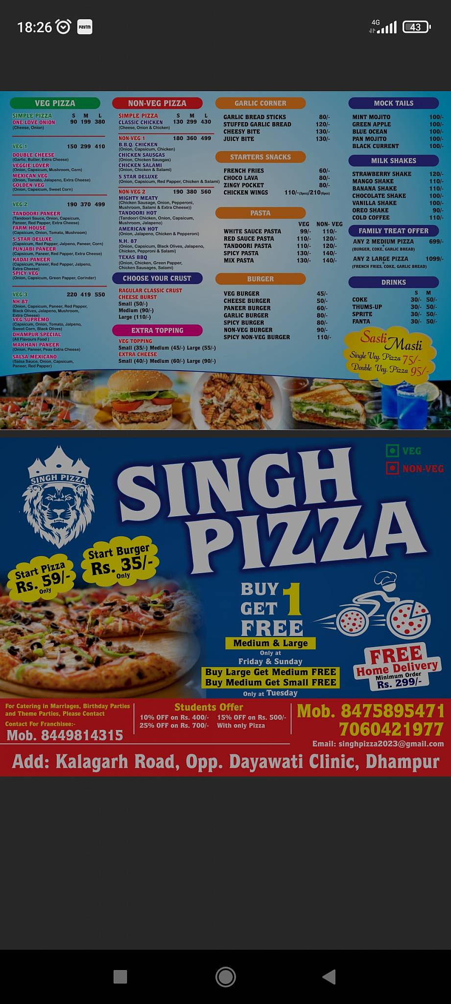 Singh Pizza menu