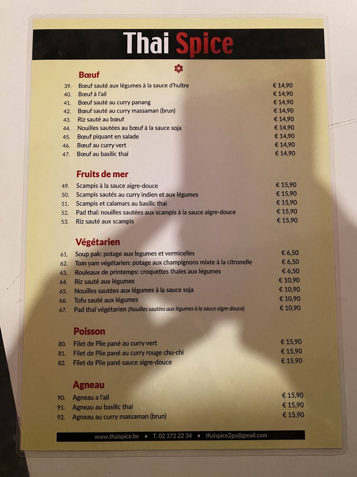 Menu de Thai spice Eat&Shop