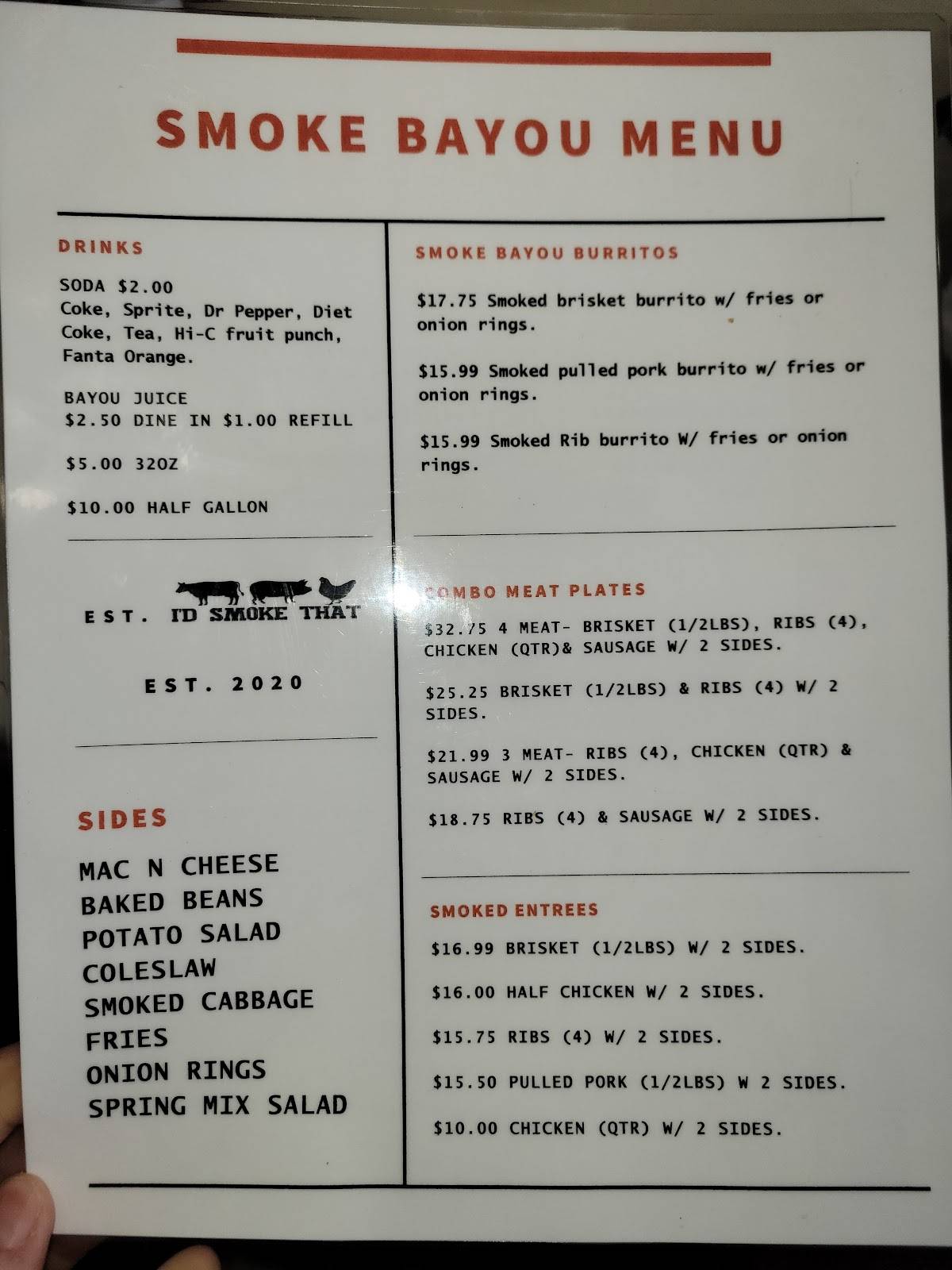 Menu at Smoke Bayou BBQ, Baton Rouge, Inniswold Rd